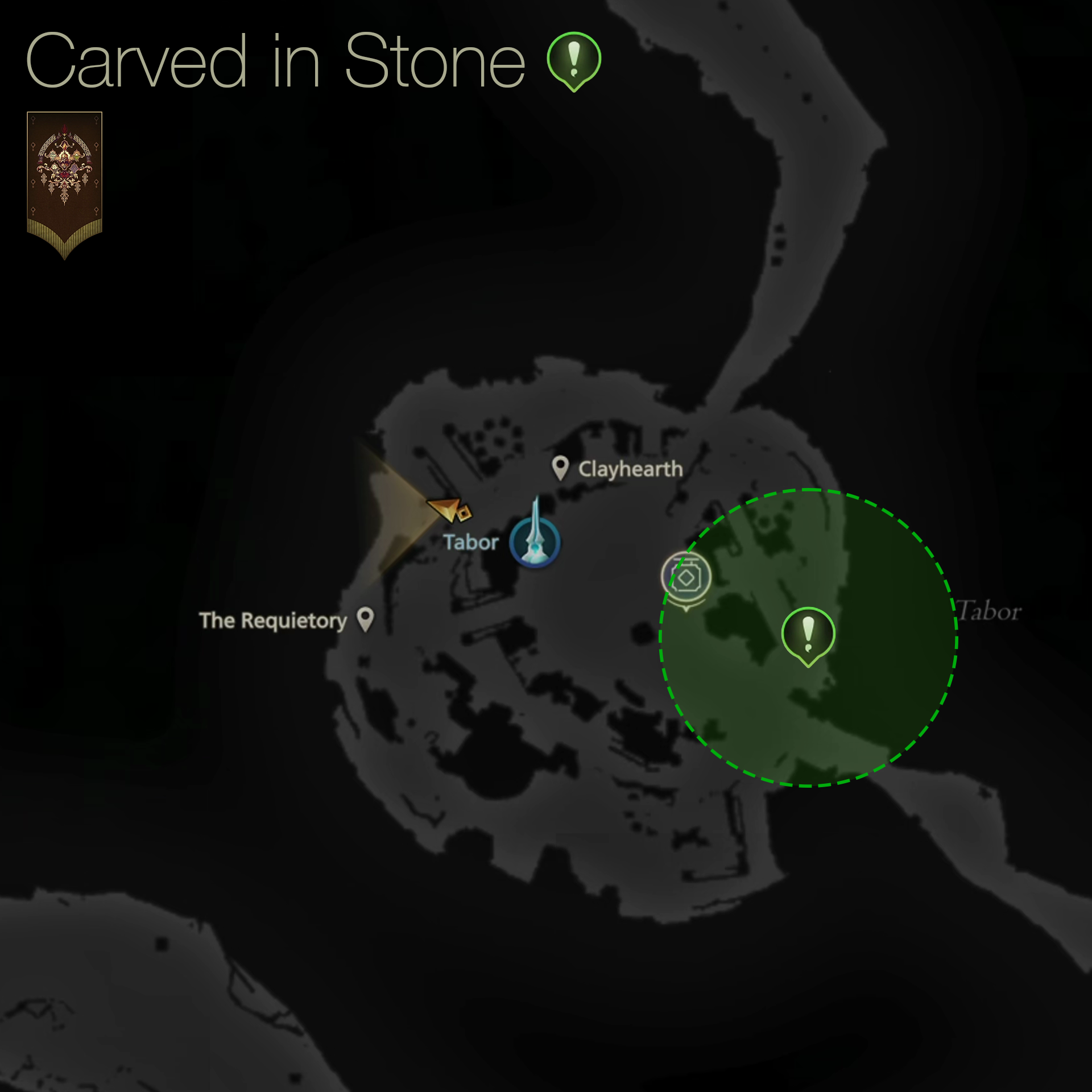 Map showing the location of Milos who initiates the Carved in Stone quest in Tabor