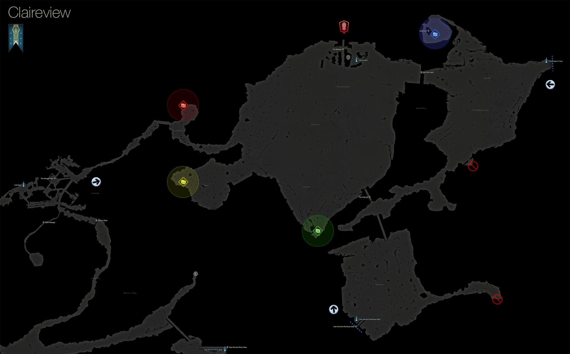 Map showing the location of treasure coffers in the Claireview area of Sanbreque