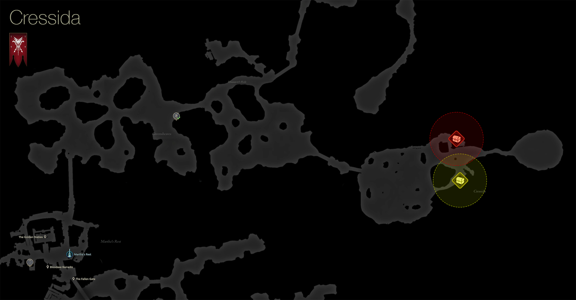 Map of Cressida area of Rosaria showing the location of treasure coffers
