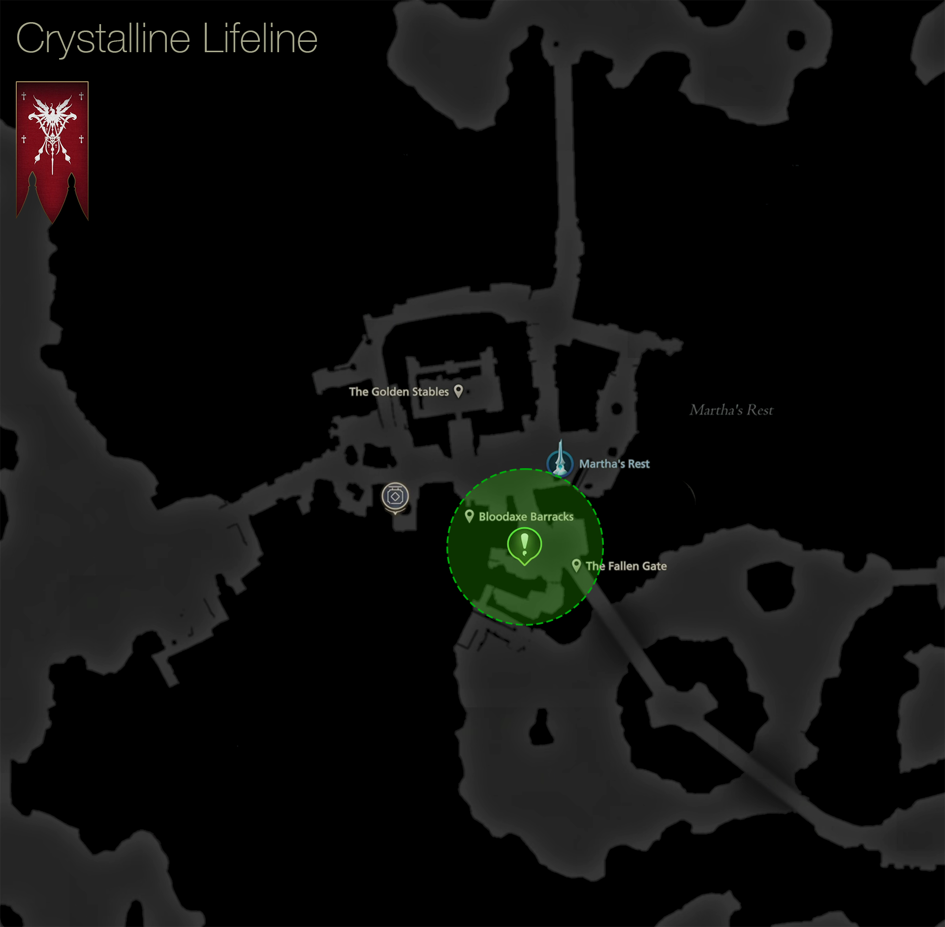 Map showing the location of Clarke, the Fishmonger, at Martha's Rest who initiates the Crystalline Lifeline quest