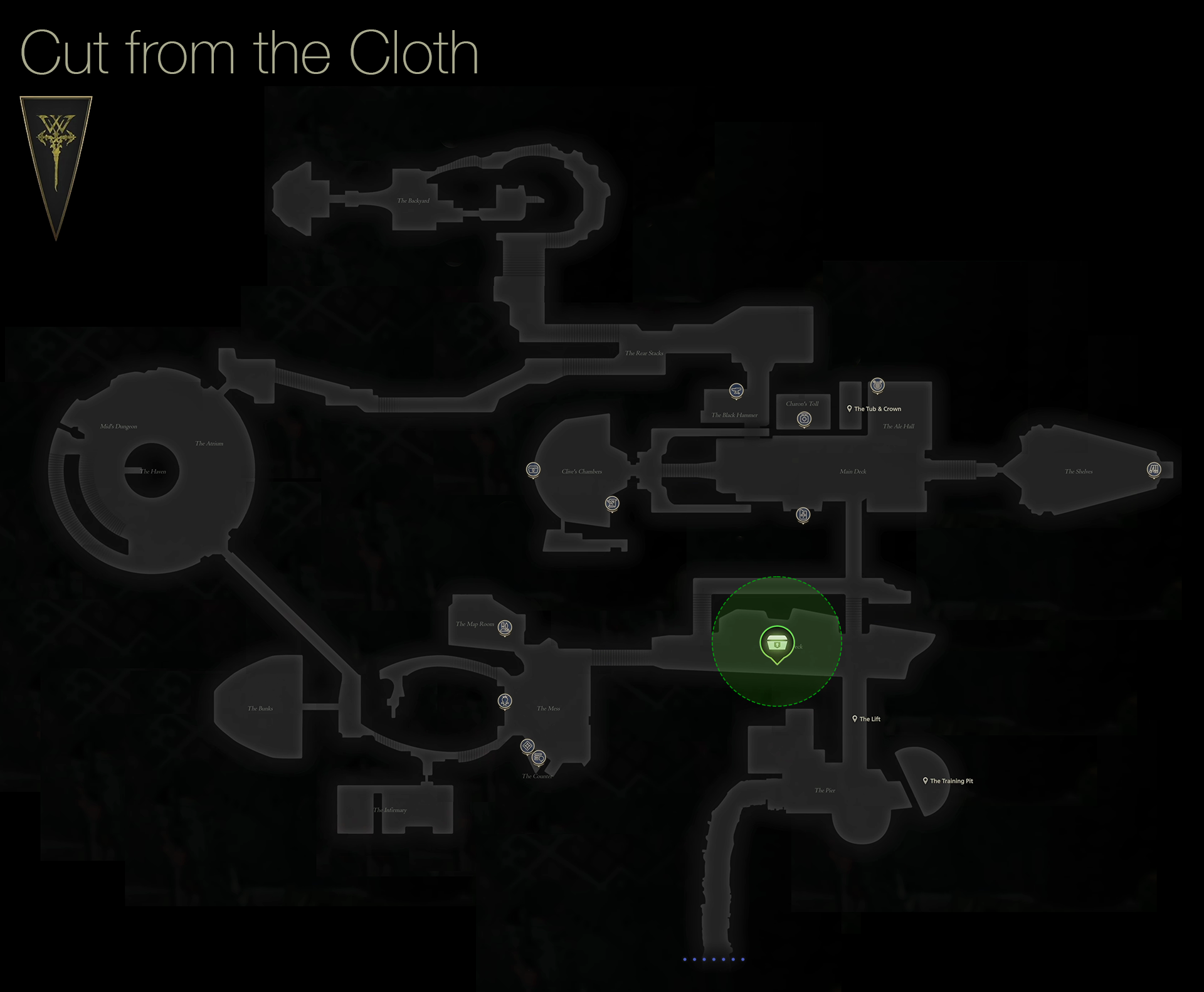 Map showing the location of Hortense who initiates the Cut from the Cloth quest near the center of the Hideaway