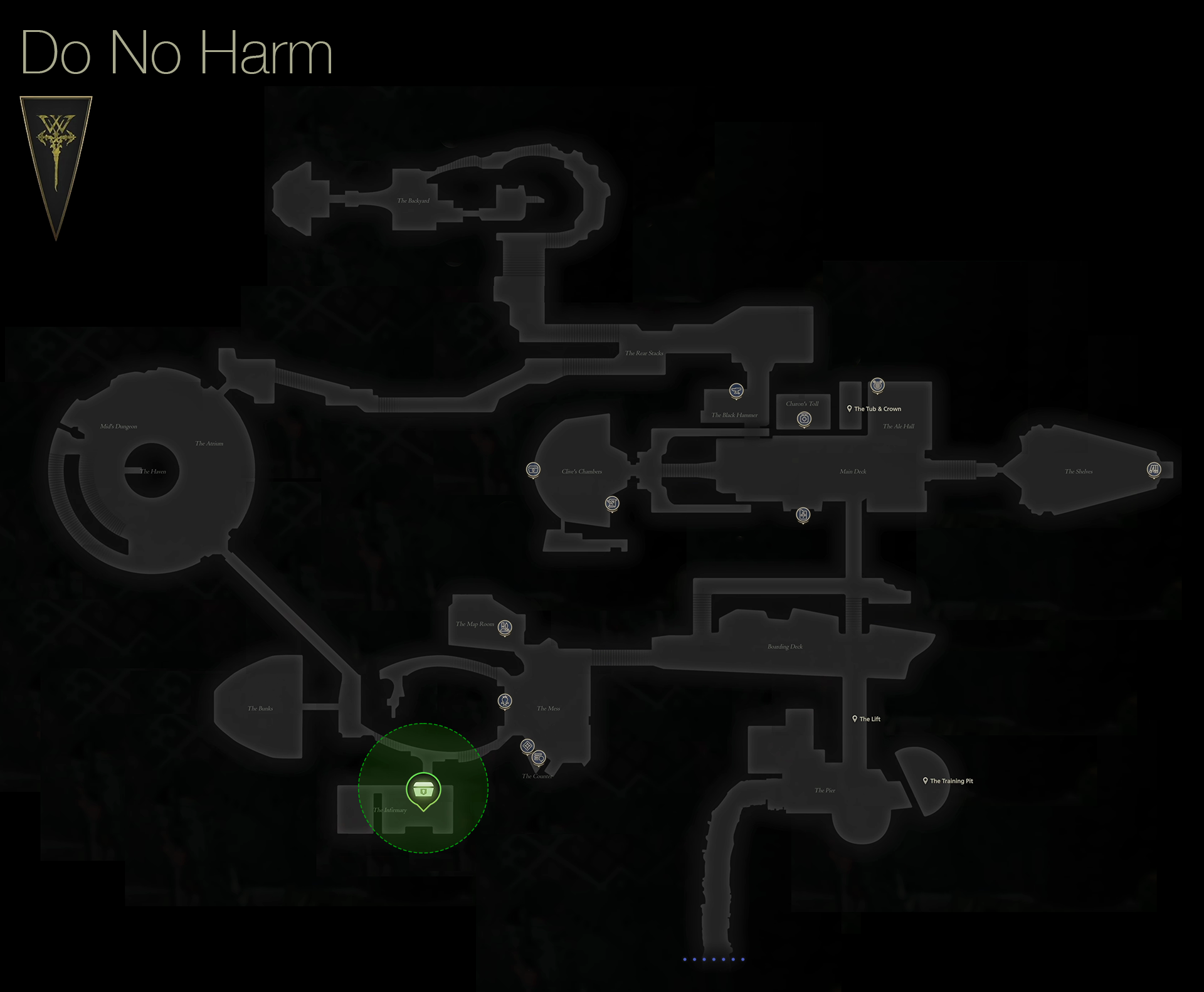 Map showing the location of Rodrique in the infirmary of the Hideaway