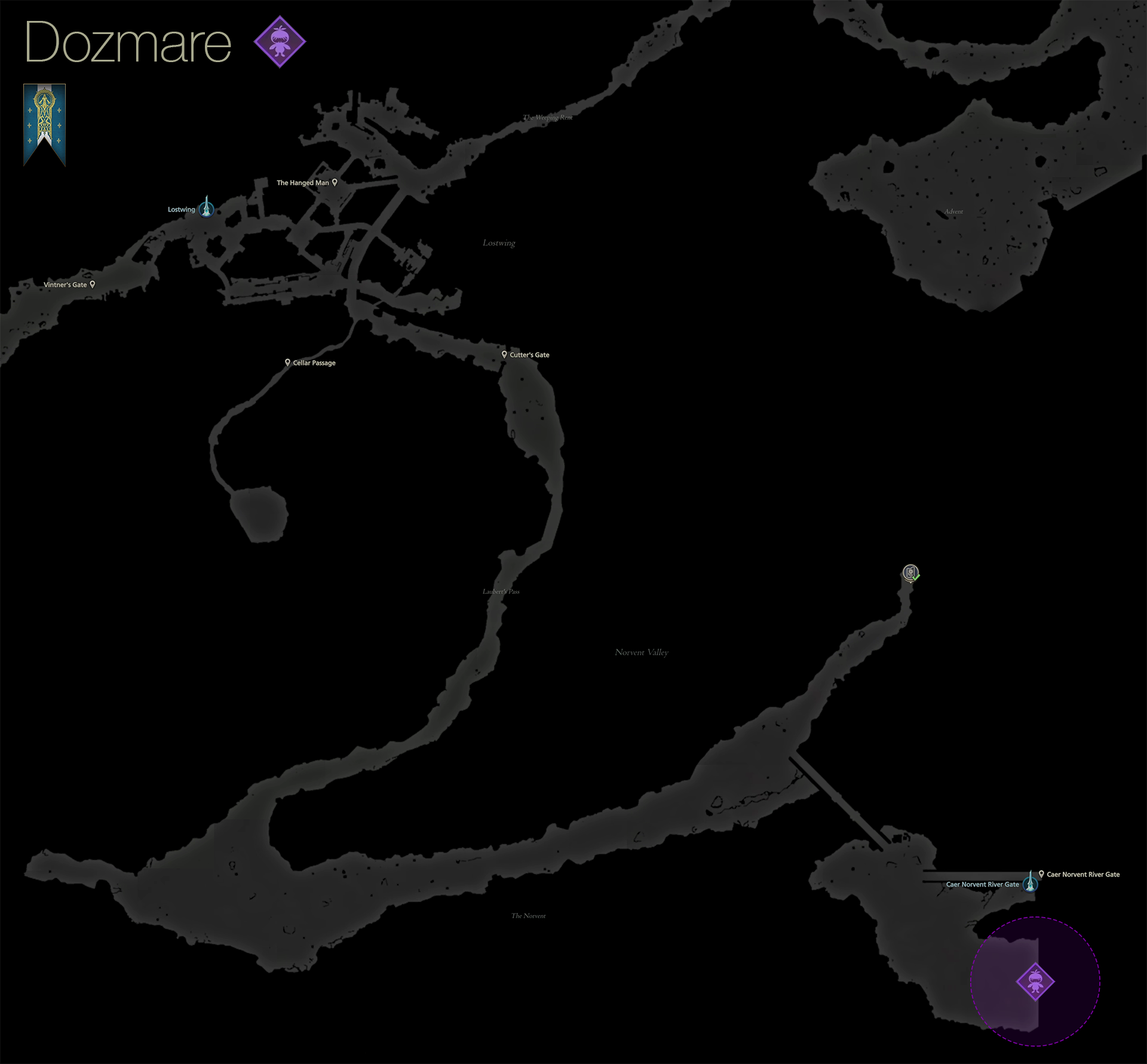 Map showing the location of the Notorious Mark, Dozmare, in the Norvent Valley area of Sanbreque