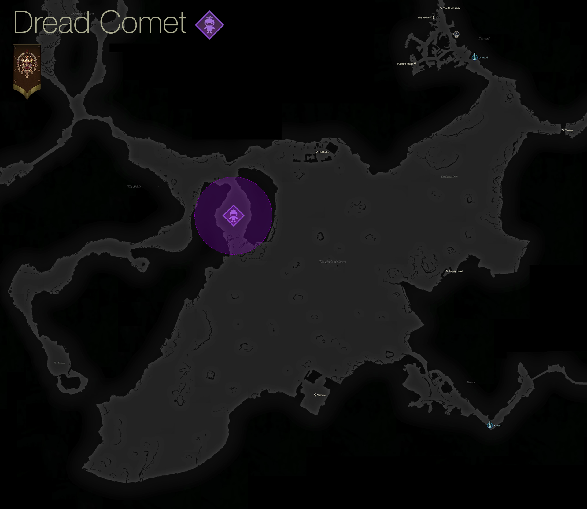 Map showing the location of the Notorious Mark, Dread Comet, in the Sickle area of Dhalmekia
