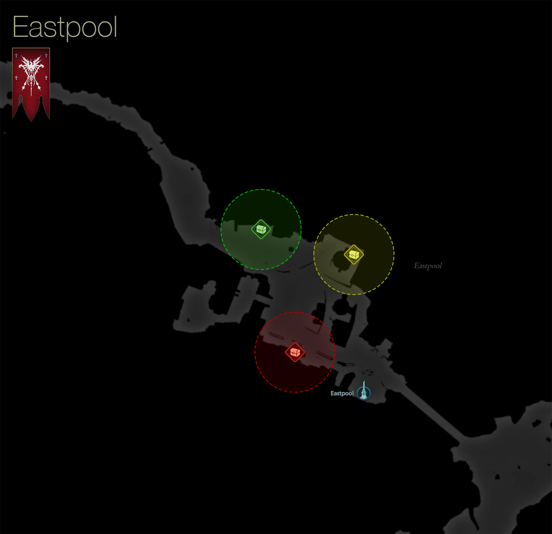 Map showing the location of the treasure coffers in Eastpool
