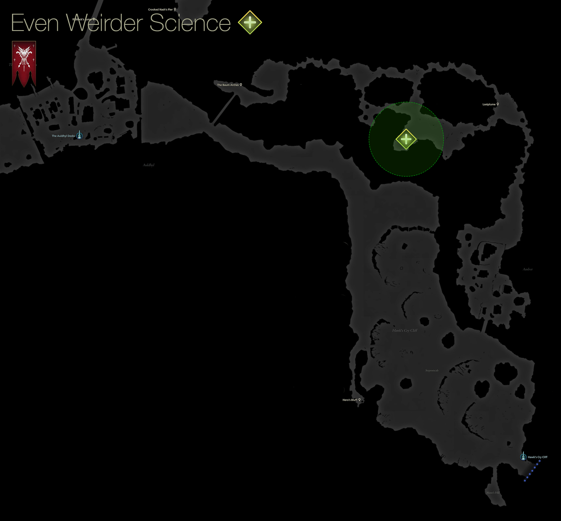 Map showing the location of the Spherical Echoes in Lostplume in Rosaria