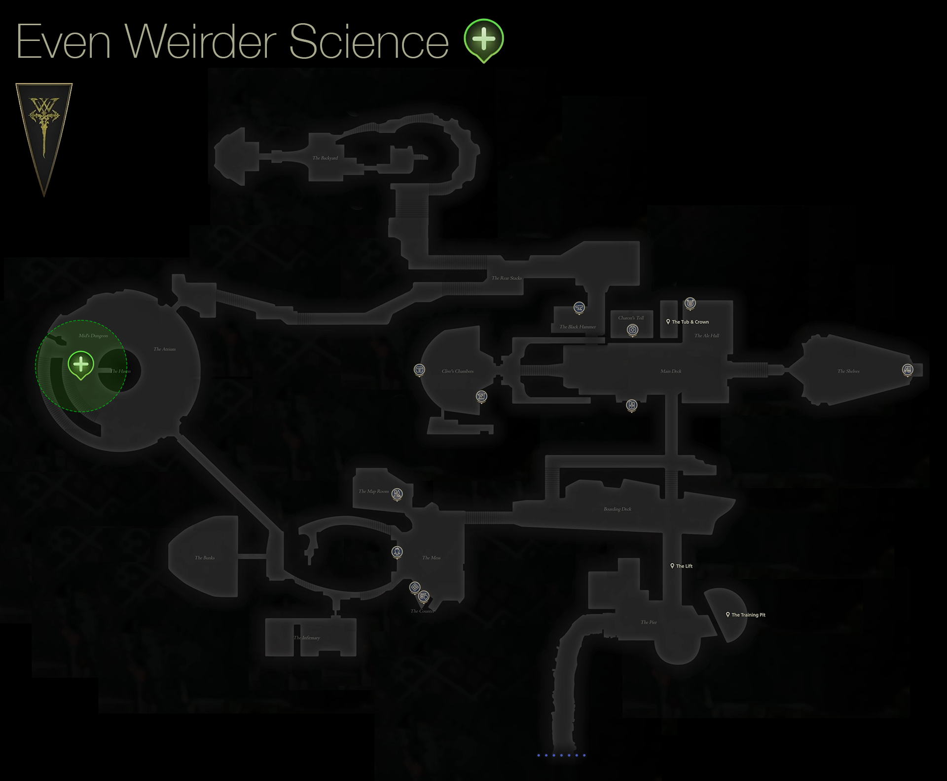 Map showing the location of Owain, the Engineer, in the basement area of the Hideaway
