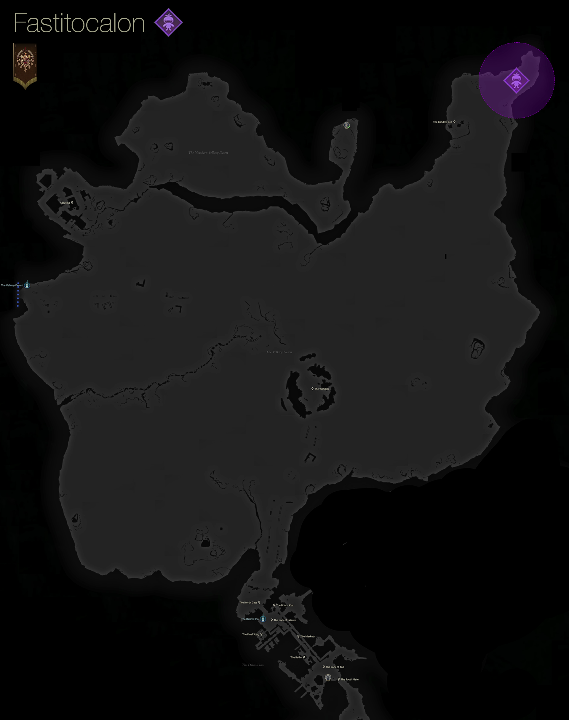 Map showing the location of the Notorious Mark, Fastitocalon, in the northern Velkroy Desert area of Dhalmekia