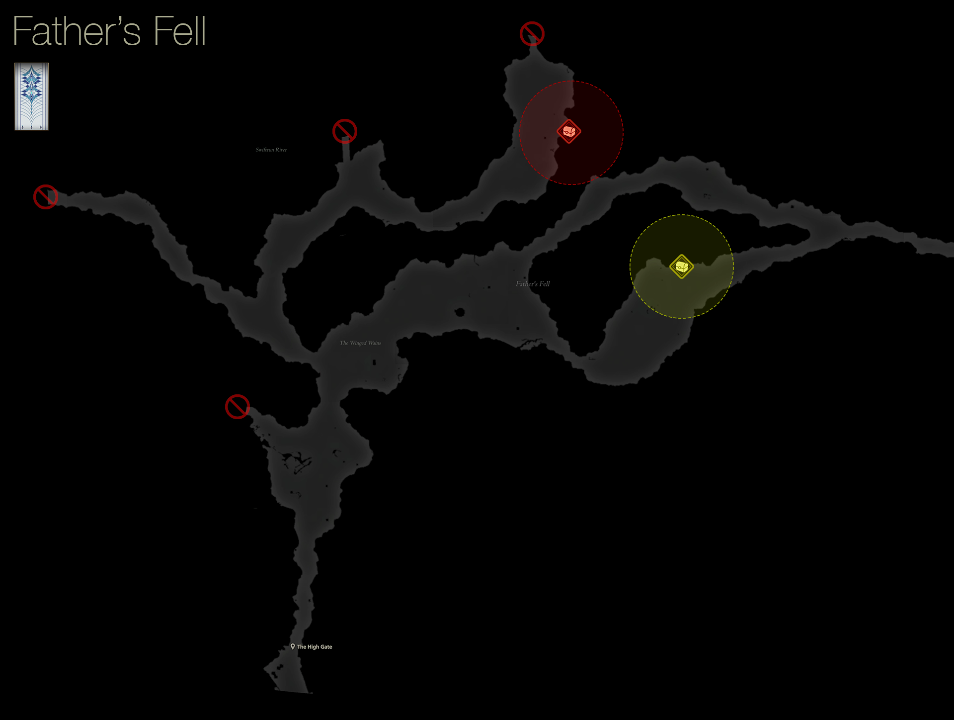 Map of Father’s Fell in Mysidia showing the treasure coffer locations