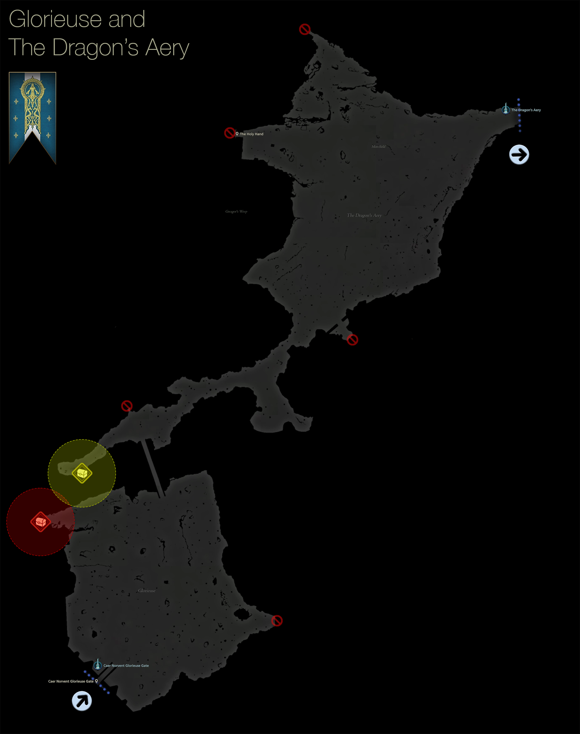 Map showing the location of treasure coffers in Glorieuse and the Dragon’s Aery