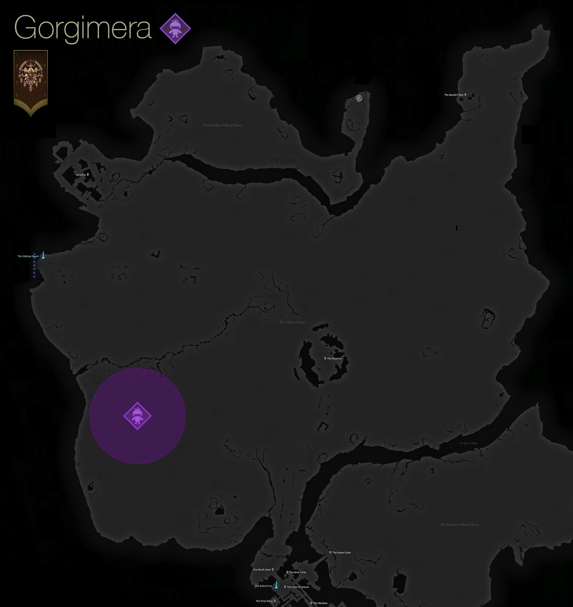 Map showing the location of the Notorious Mark, Gorgimera, in the western area of the Velkroy Desert