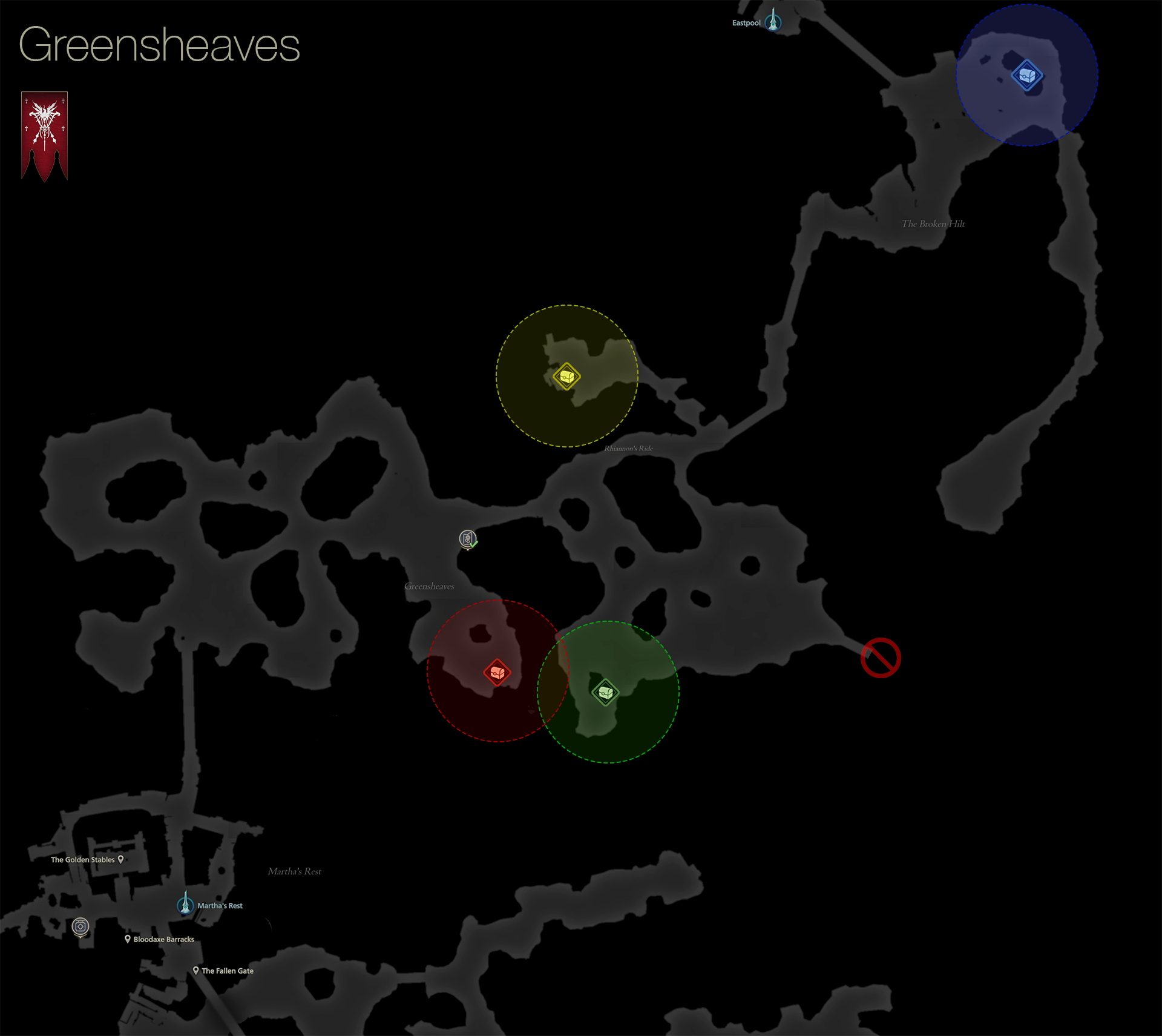 Map showing the location of the treasure coffers in the Greensheaves area of Rosaria
