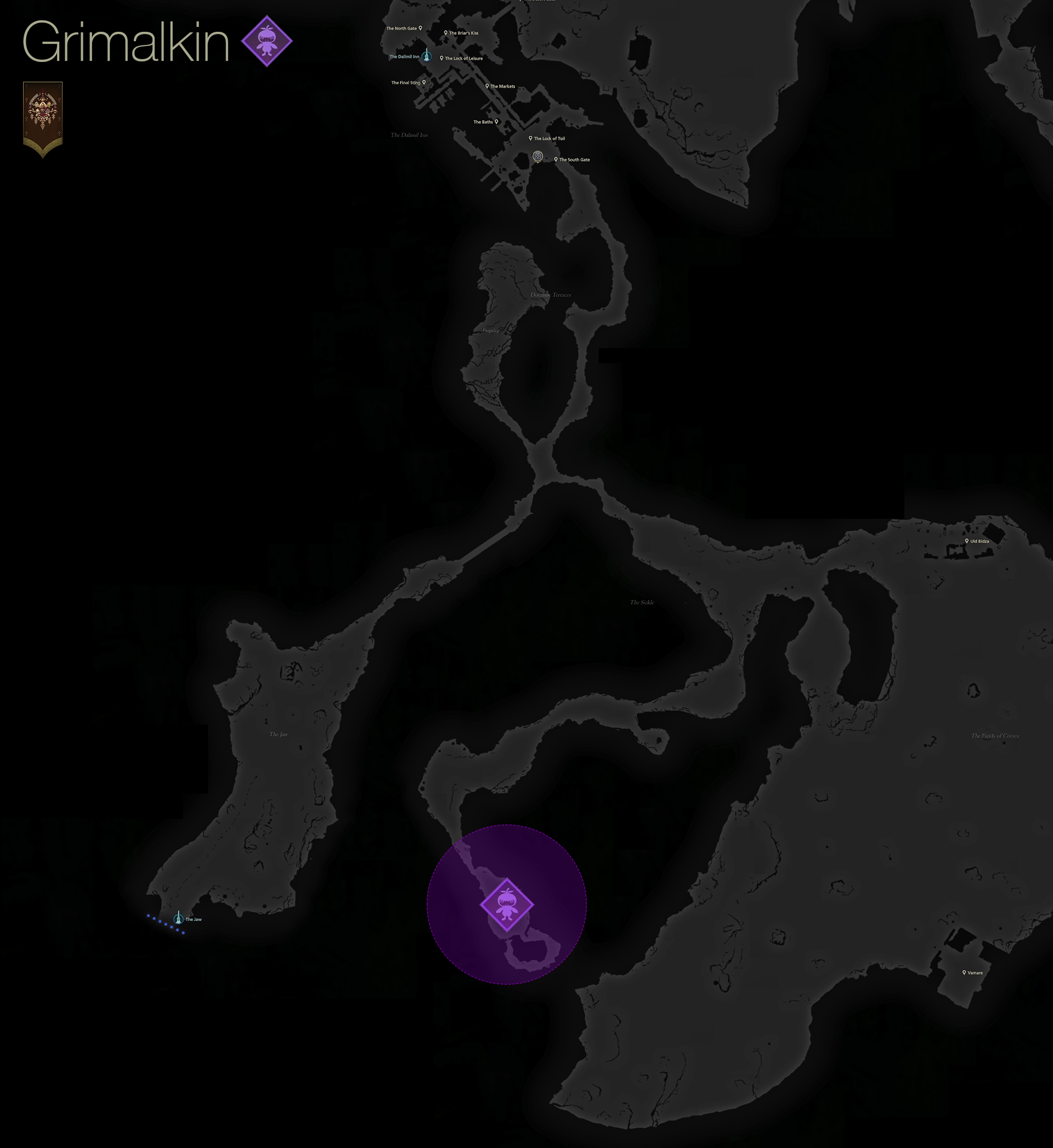 Map showing the location of the Notorious Mark, Grimalkin, in the Sickle area of Dhalmekia