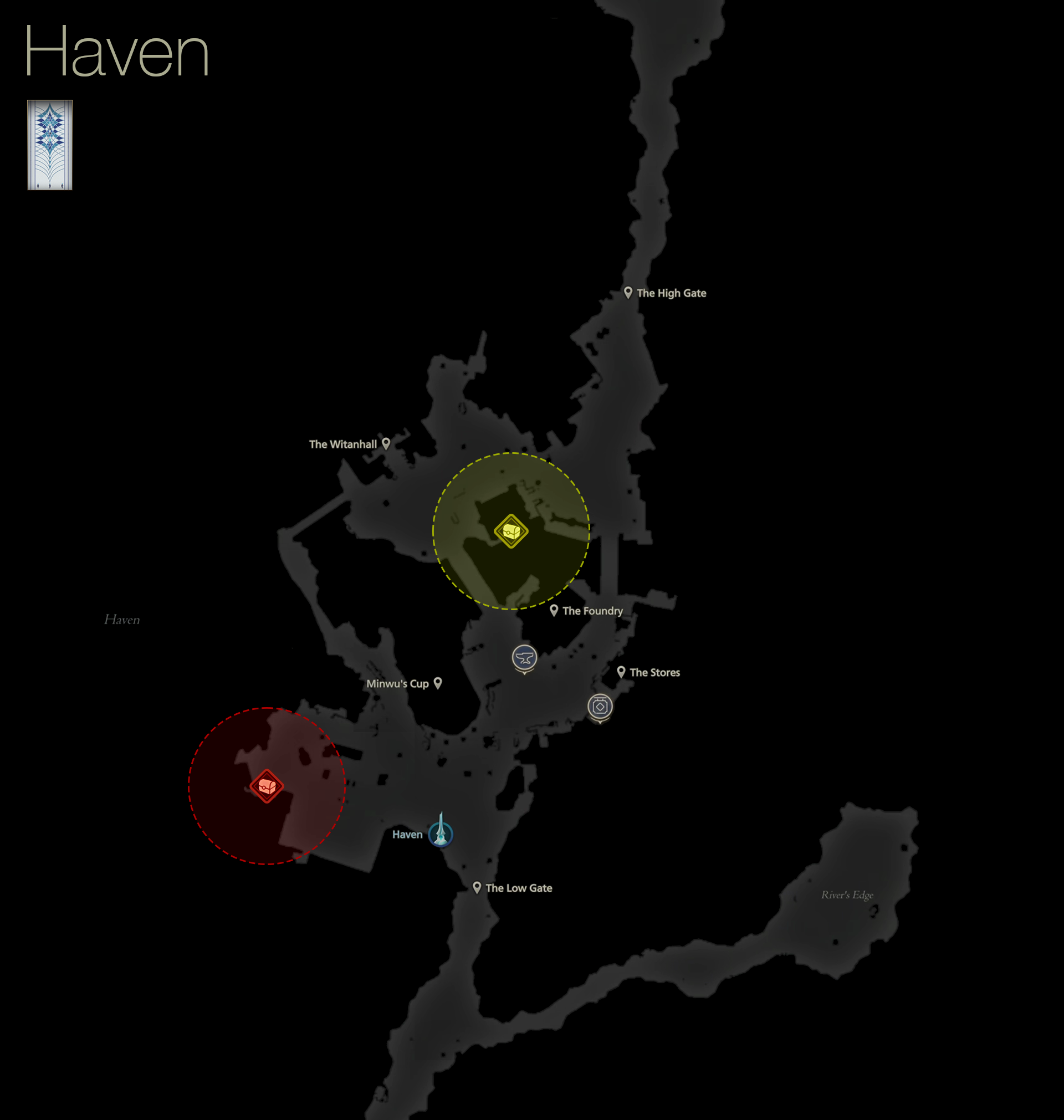 Map of Haven in Mysidia showing the treasure coffer locations
