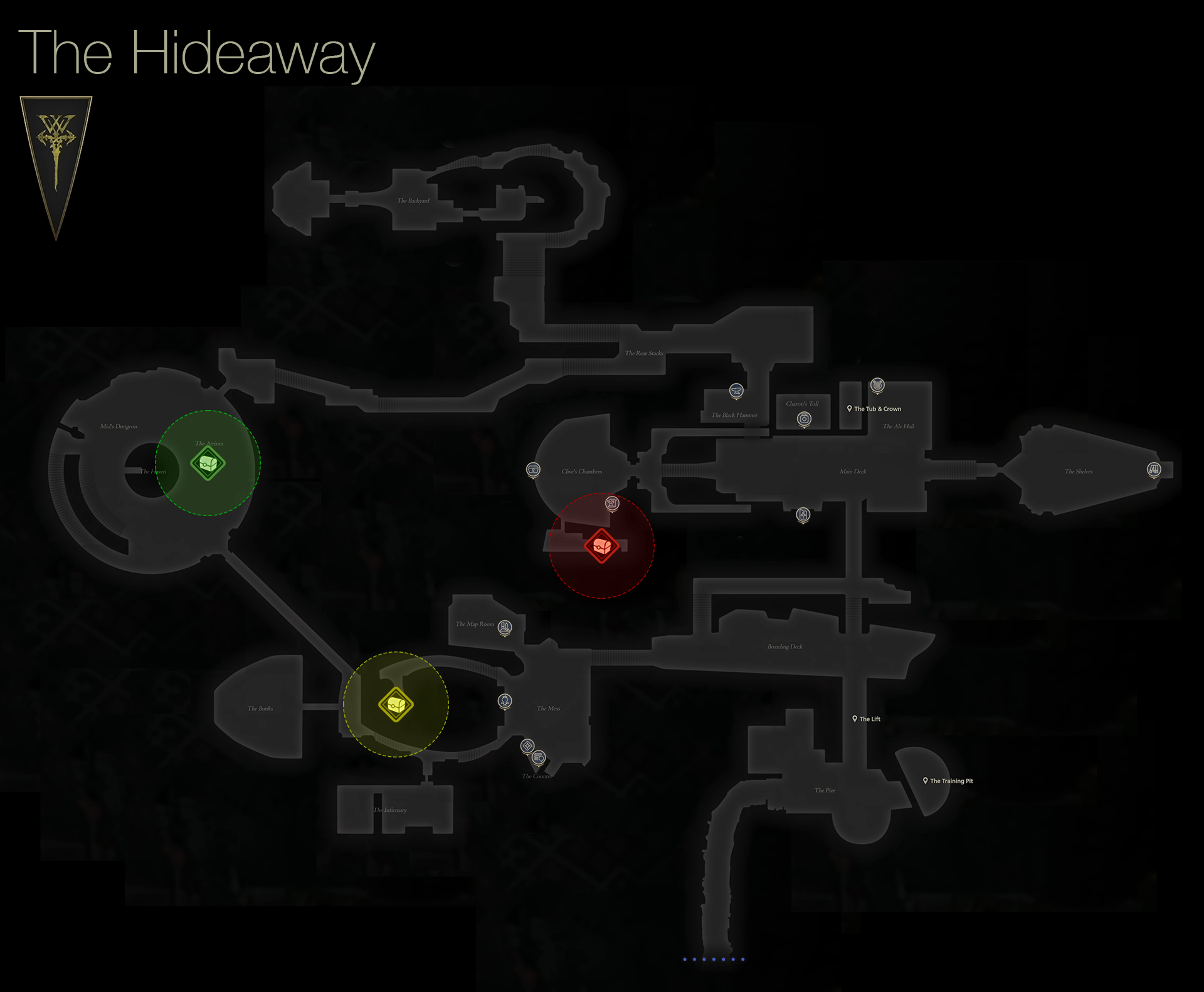 Map showing the location of the treasure coffers in the new Hideaway