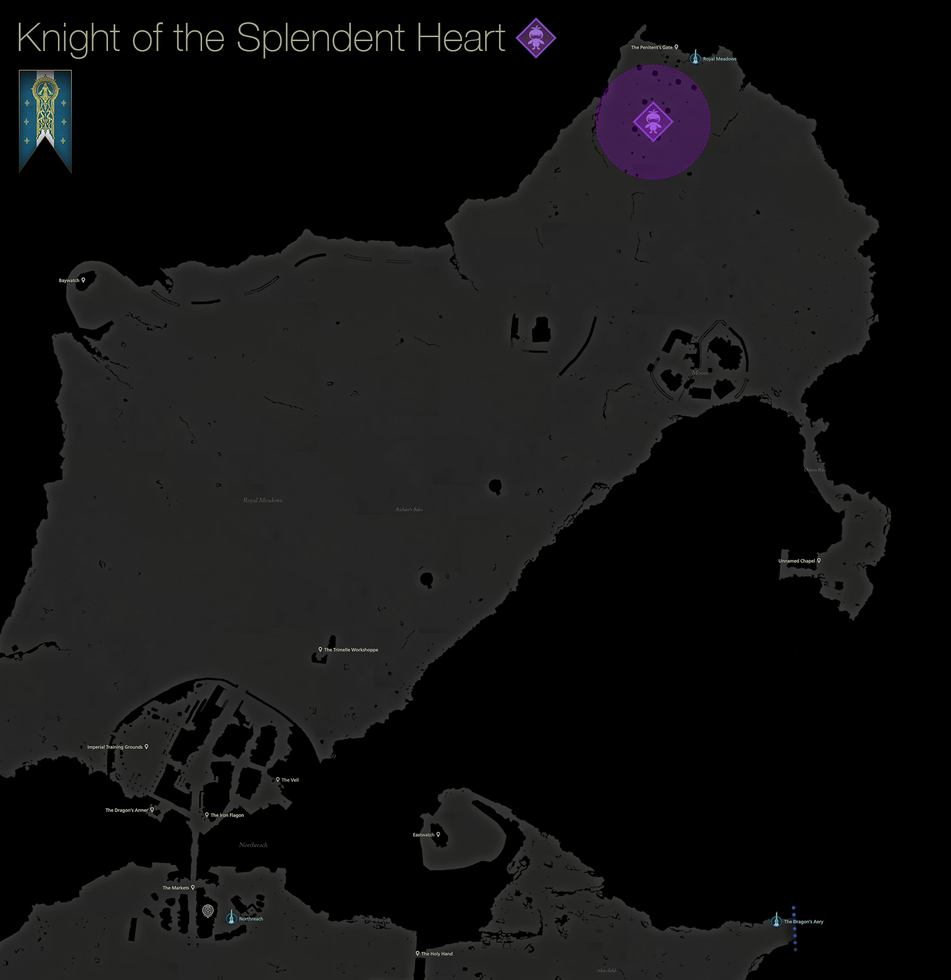 Map showing the location of the Notorious Mark, Knight of the Splendent Heart, in the northeastern area of the Royal Meadows in Sanbreque