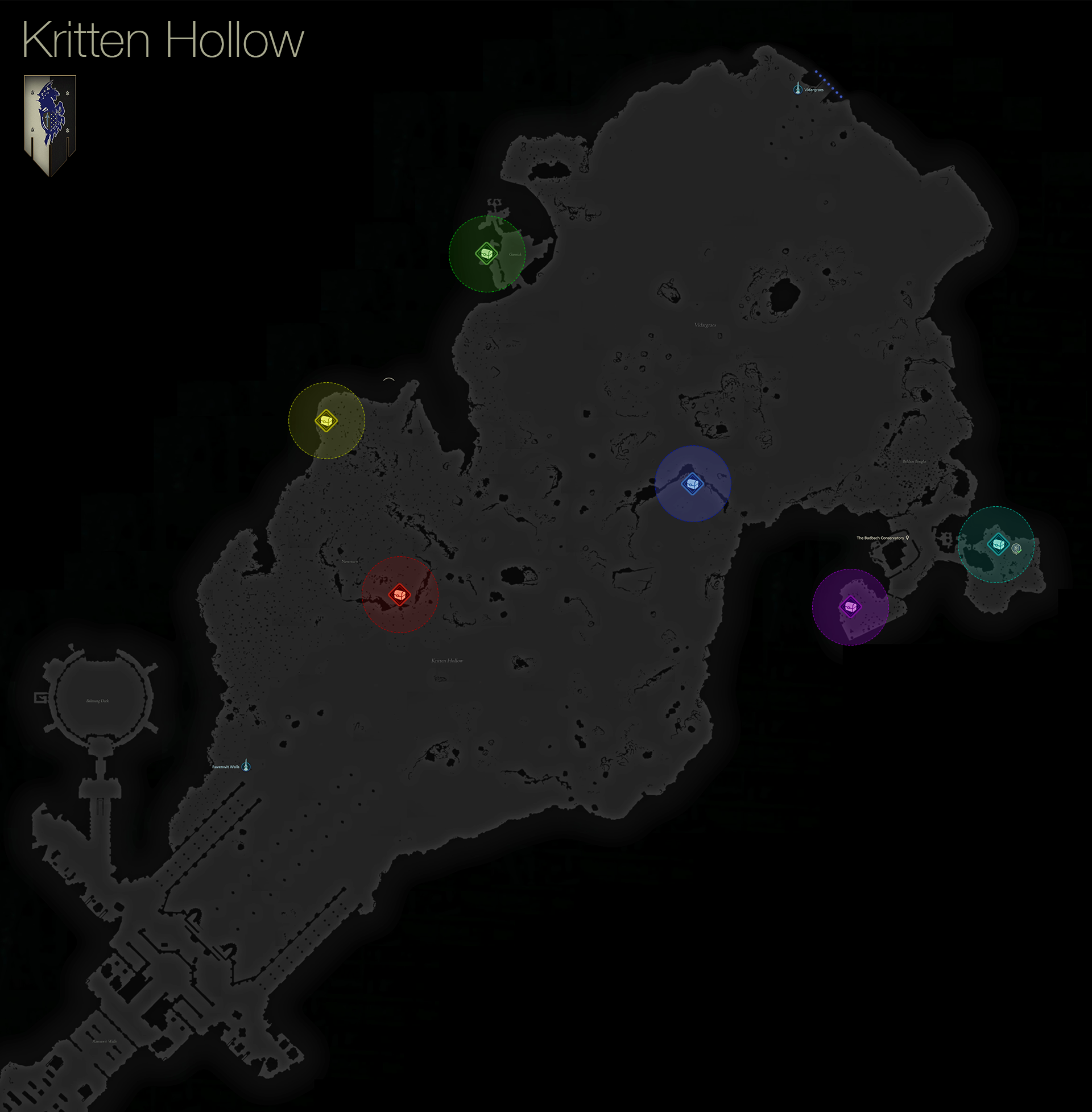 Map showing the location of the treasure coffers in the Kritten Hollow area of Waloed
