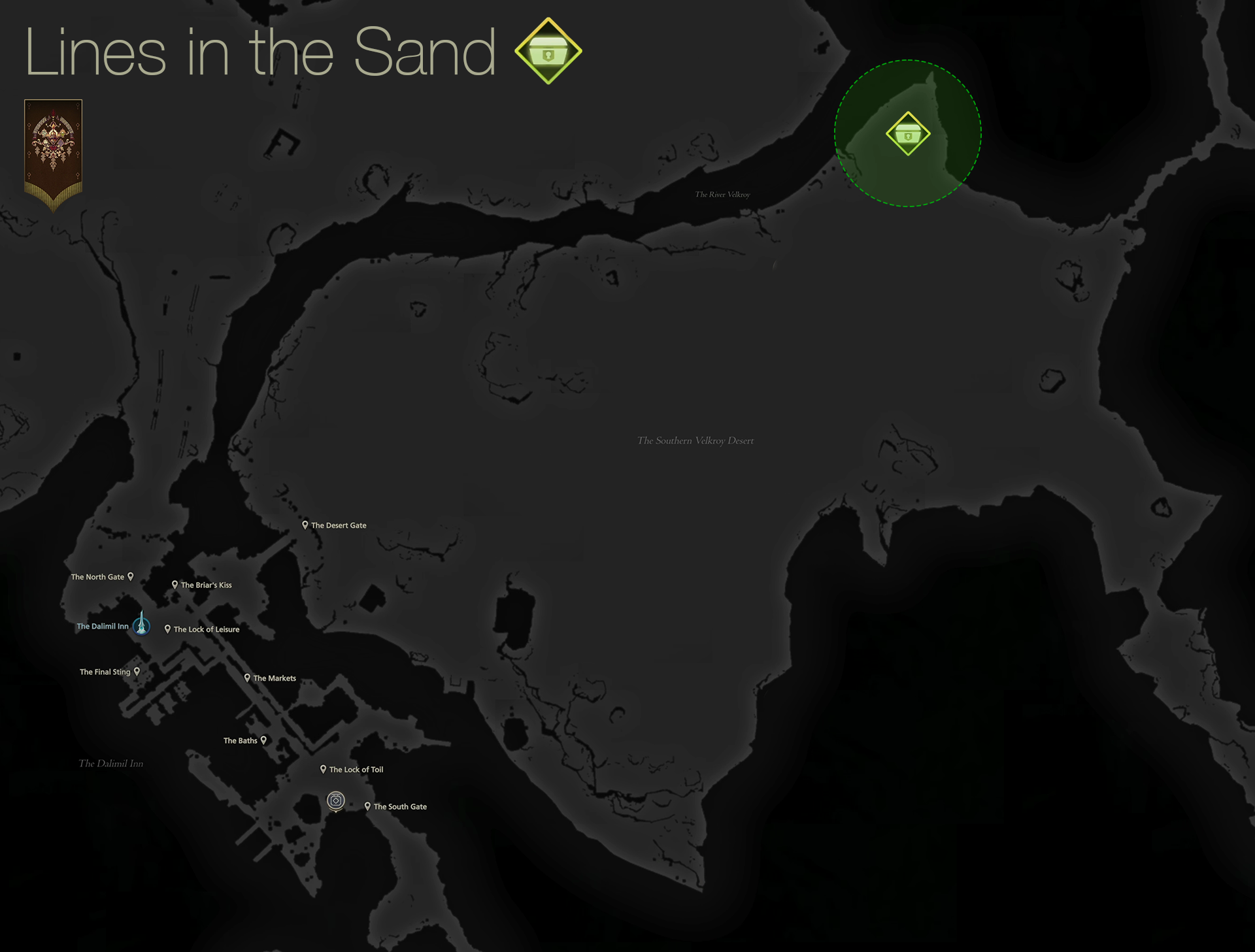 Map showing the location of the bandit camp quest objective for the Lines in the Sand quest.