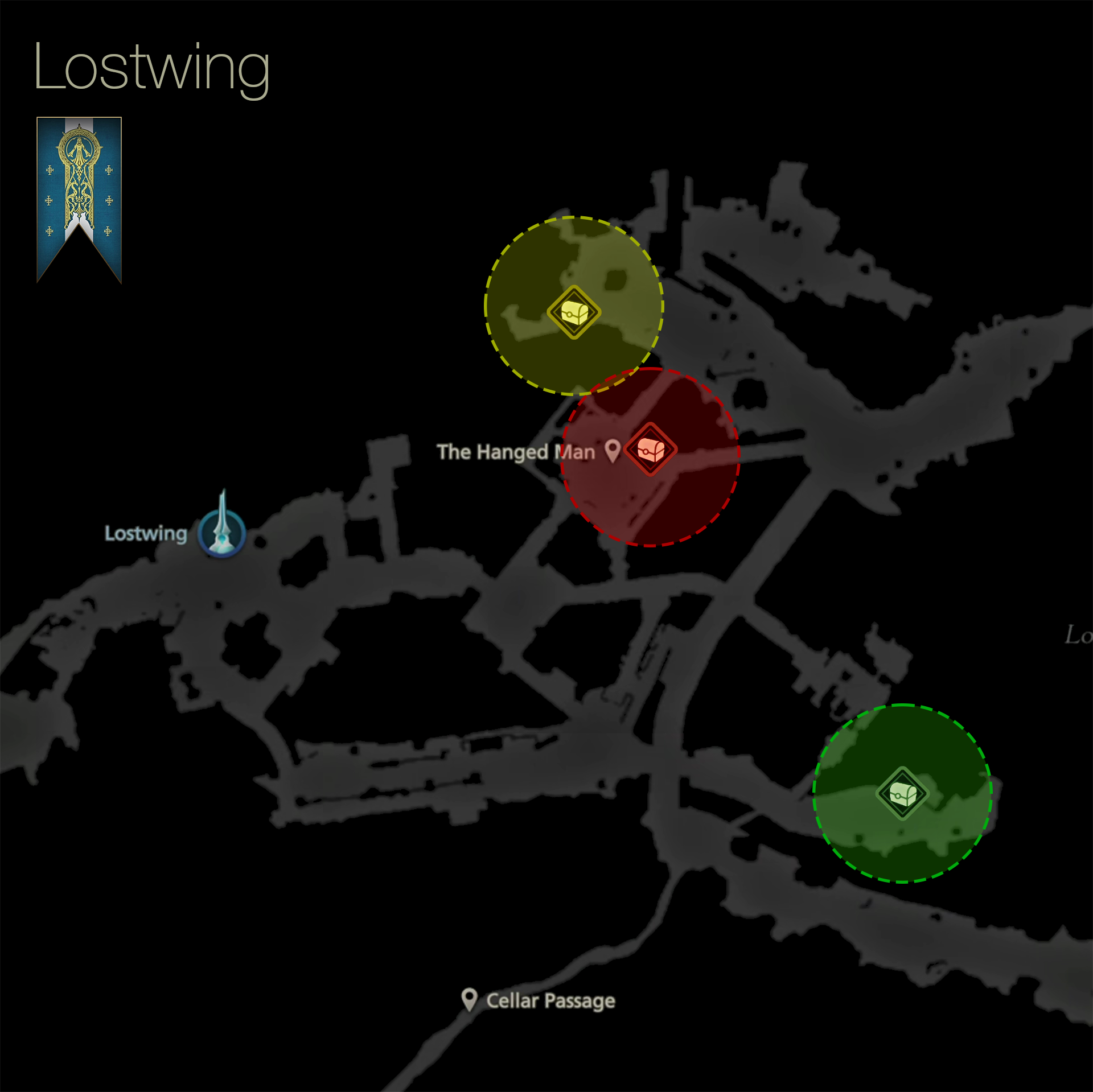 Map showing the location of the treasure coffers in Lostwing