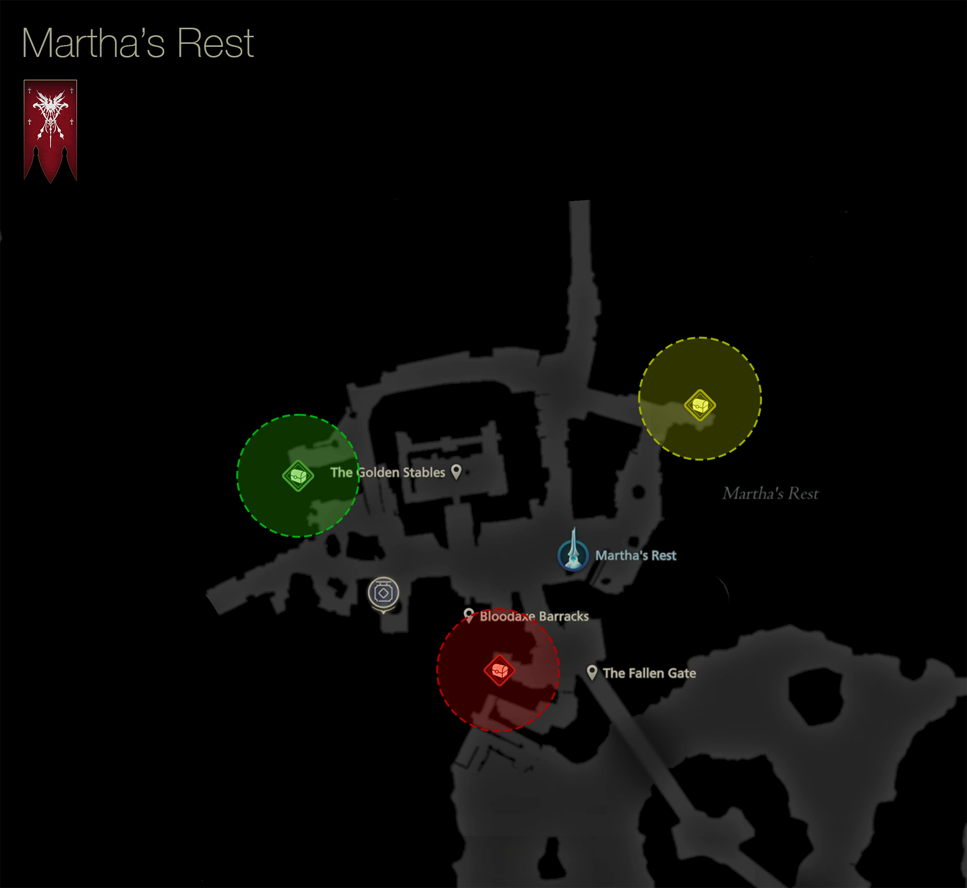 Map showing the location of the treasure coffers in Martha’s Rest