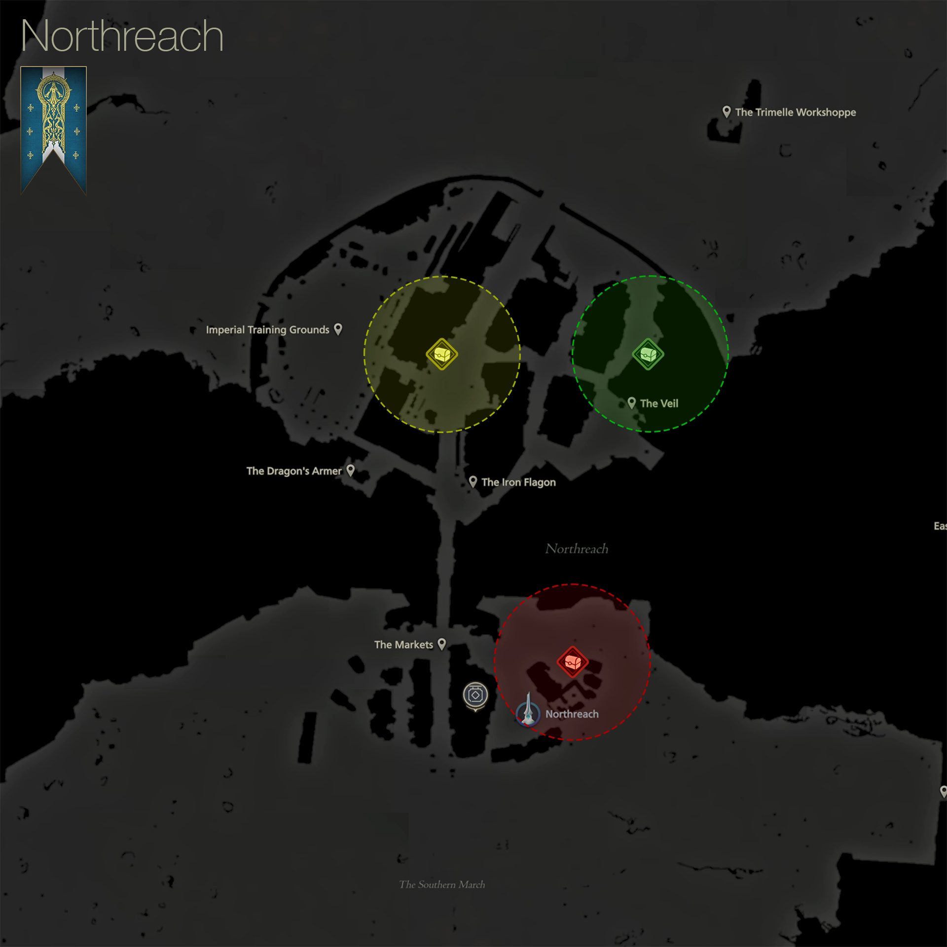 Map showing the location of the treasure coffers in Northreach