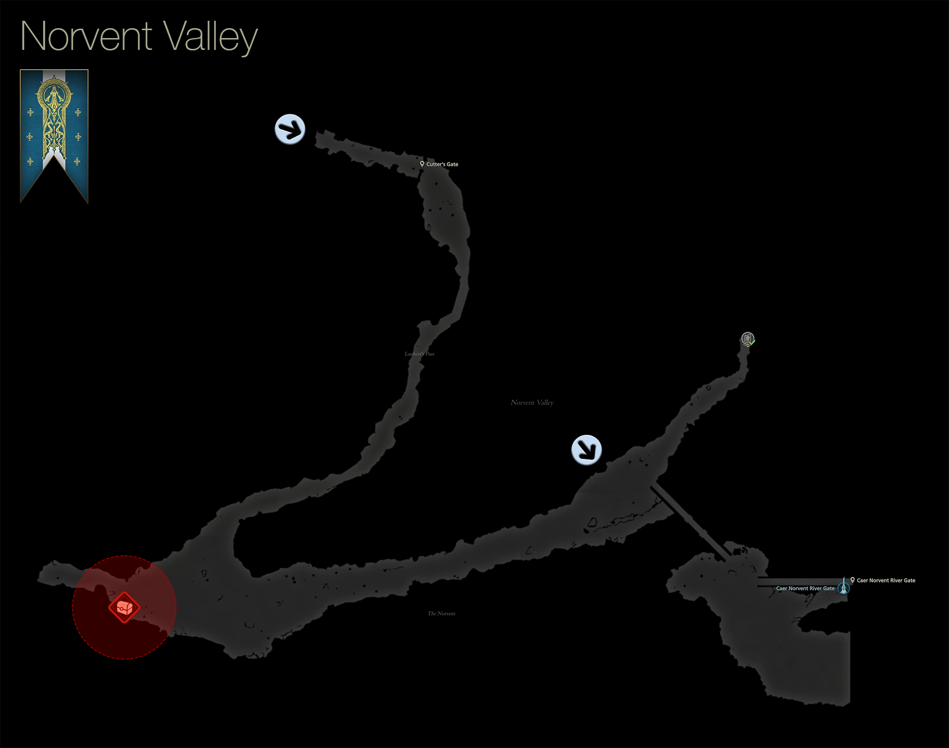 Map showing the location of the treasure coffers in the Norvent Valley