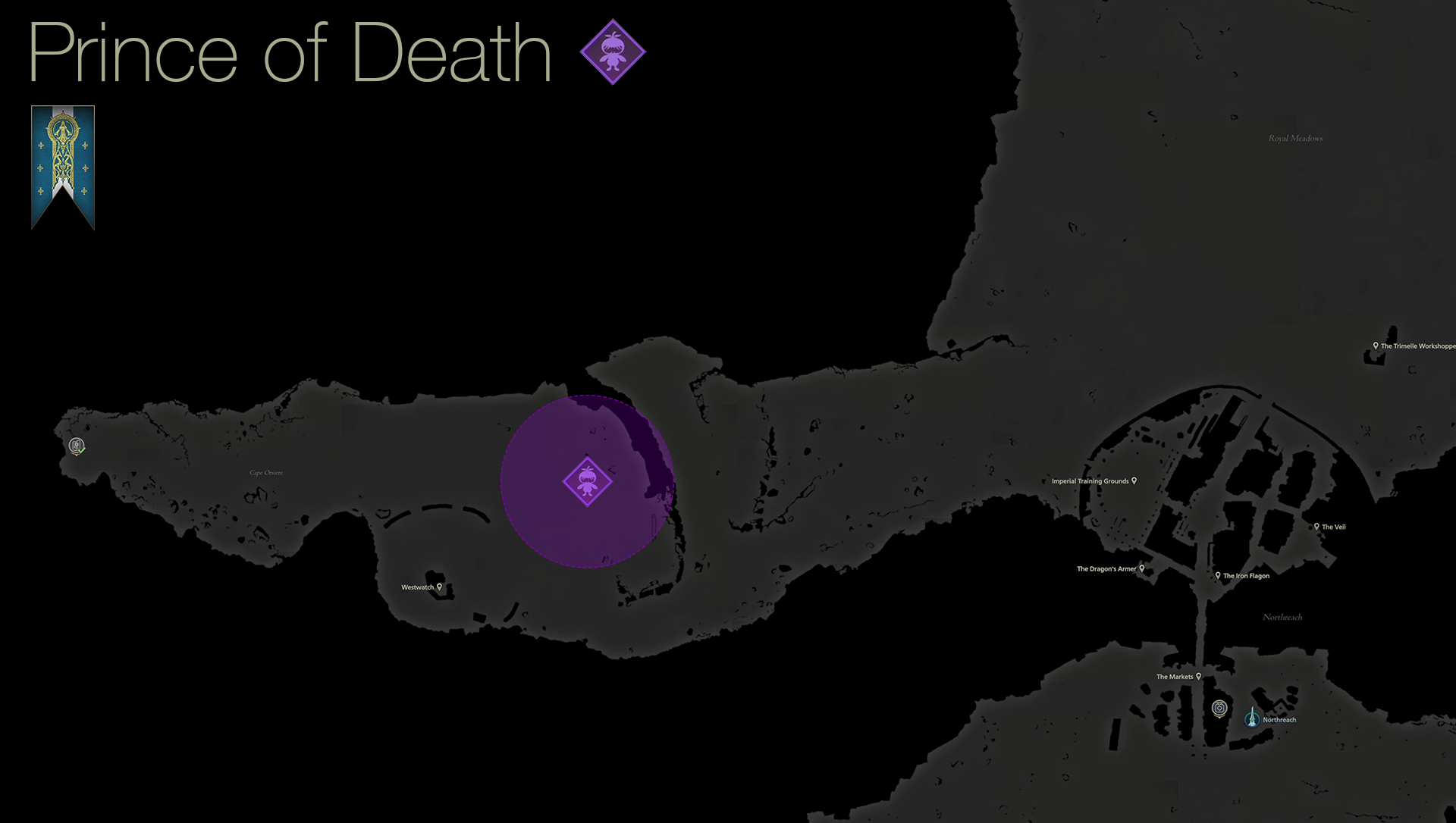 Map showing the location of the Notorious Mark, Prince of Death, in the Royal Meadows area of Sanbreque