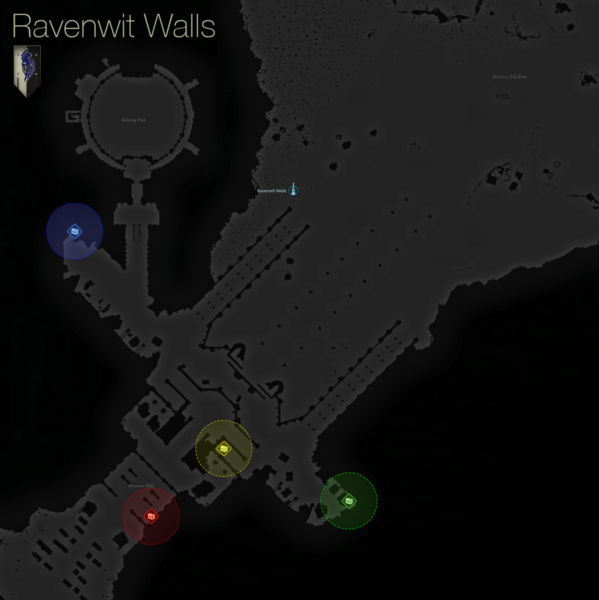 Map showing the location of the treasure coffers in the Ravenwit Walls area of Waloed