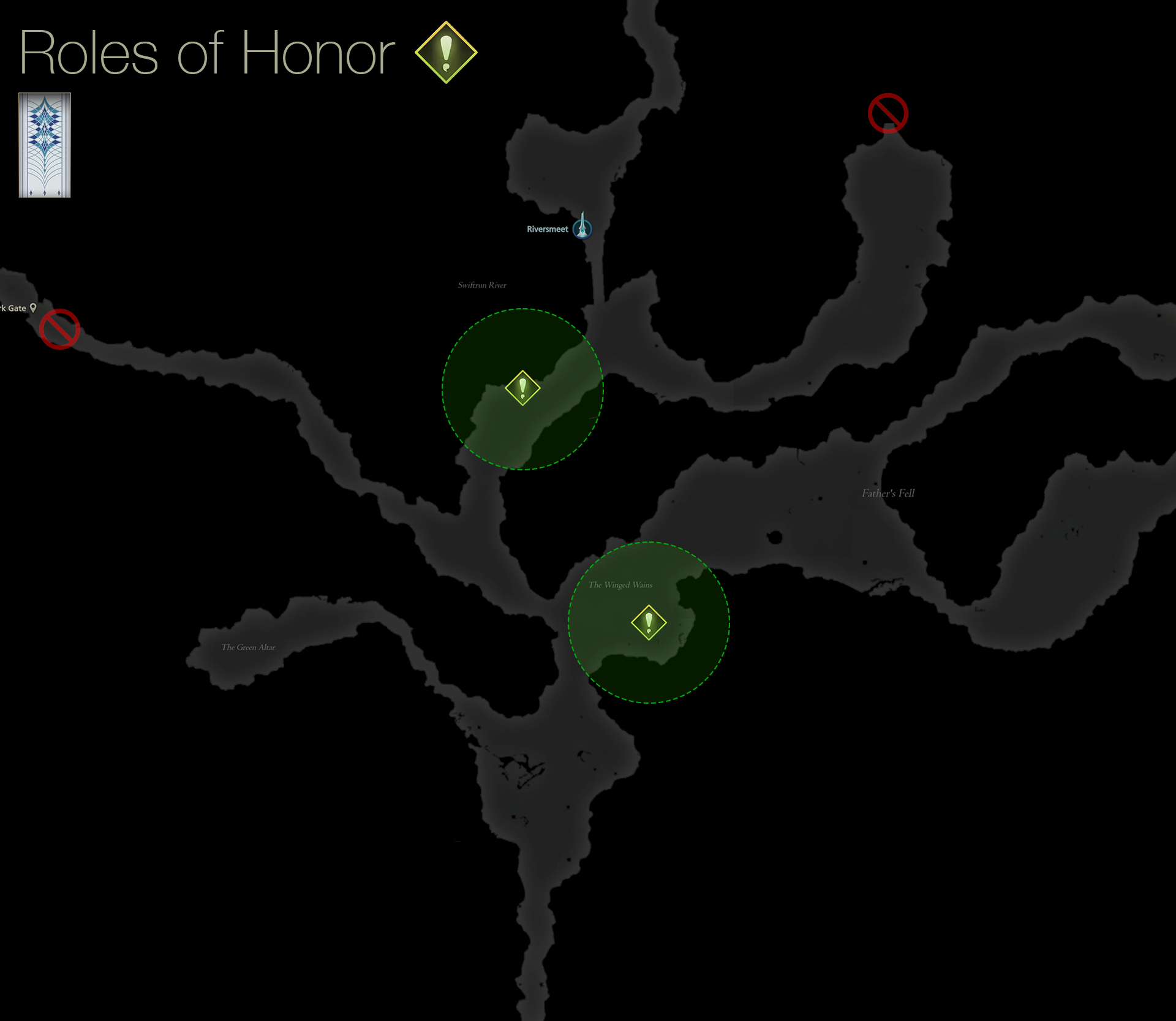 Map showing the location of the quest objectives for the Roles of Honor quest