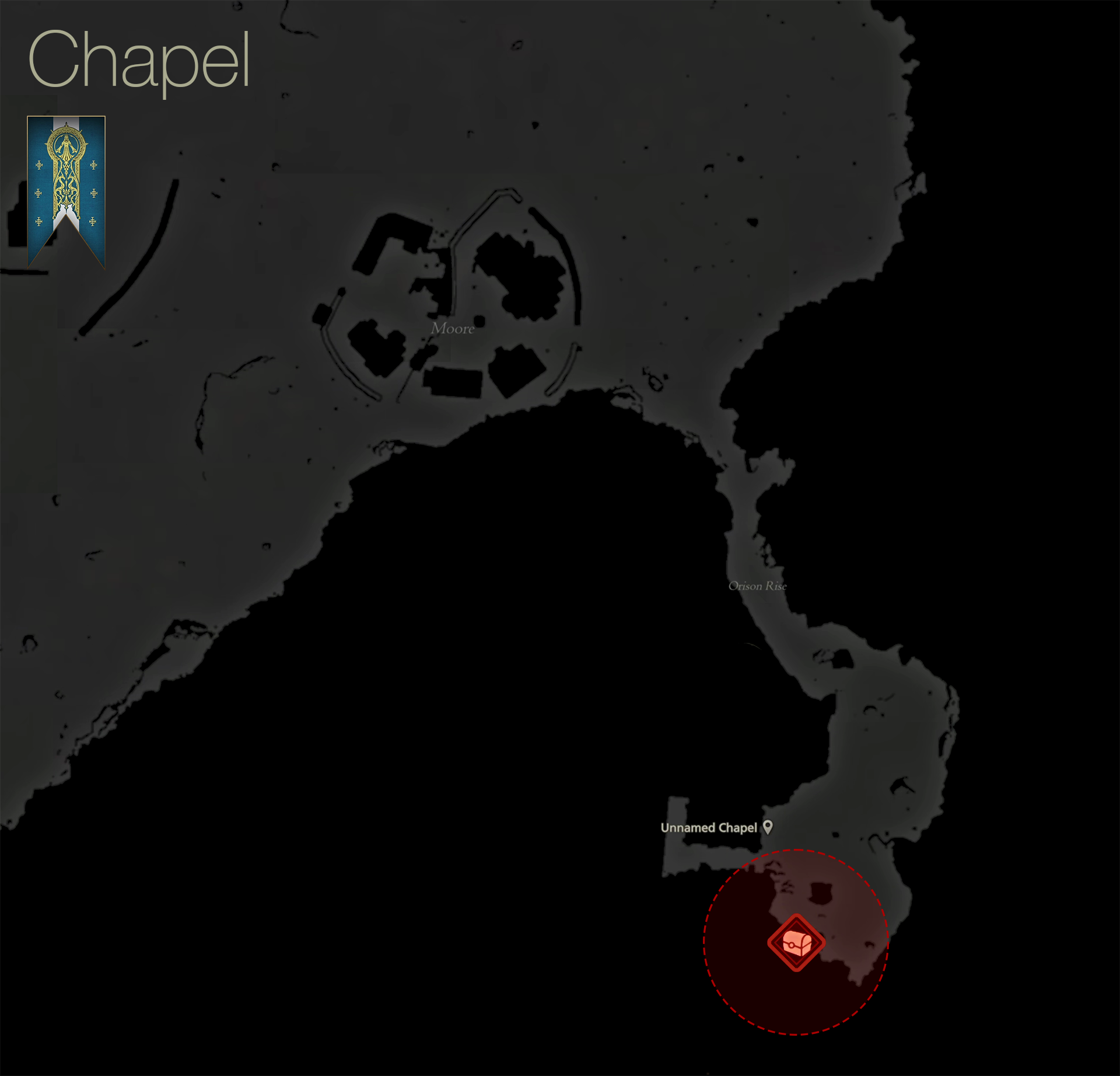 Map showing hte location of the treasure coffers near the Royal Meadow Chapel