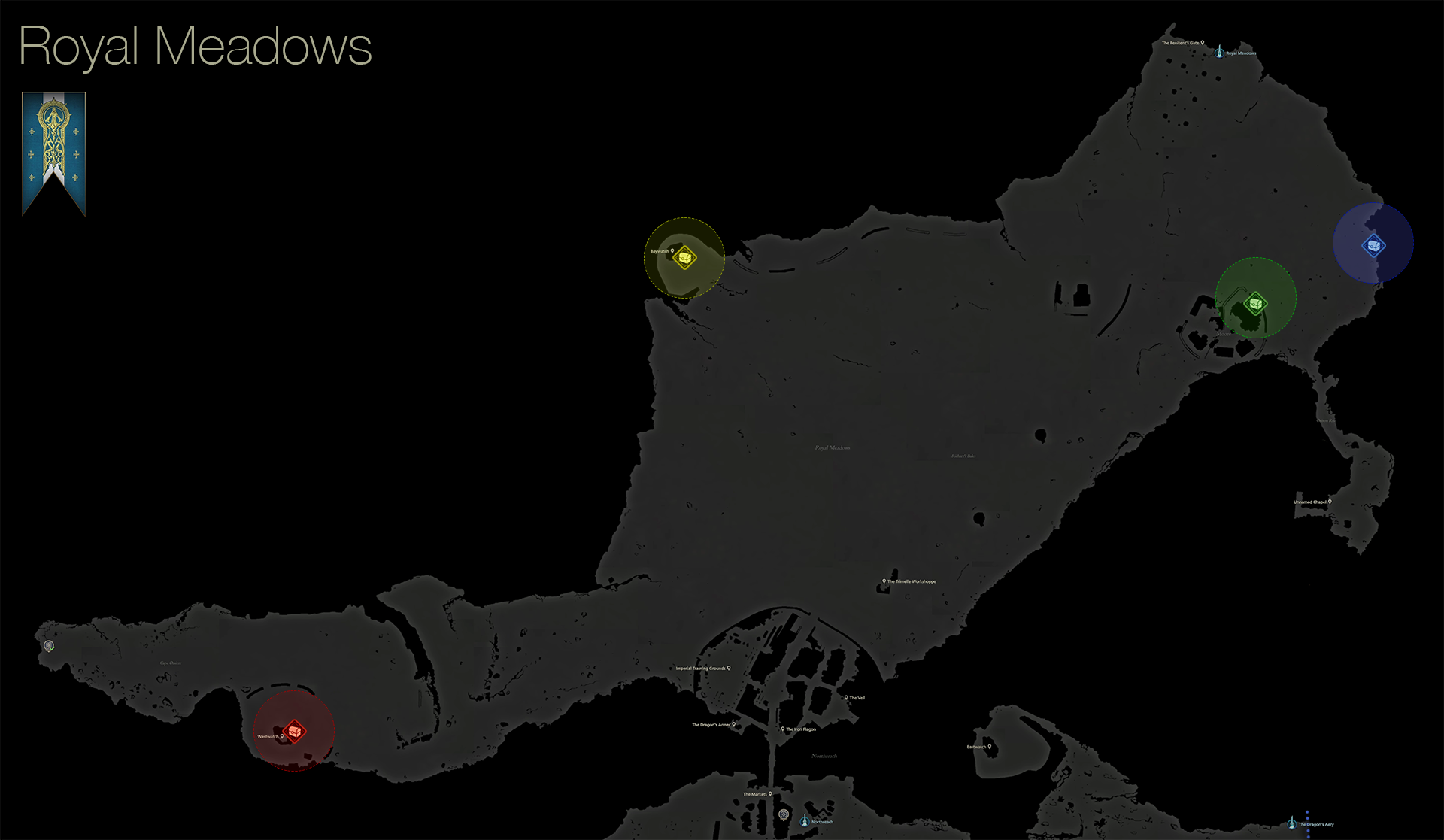 Map showing the locations of the treasure coffers in the Royal Meadows of Sanbreque