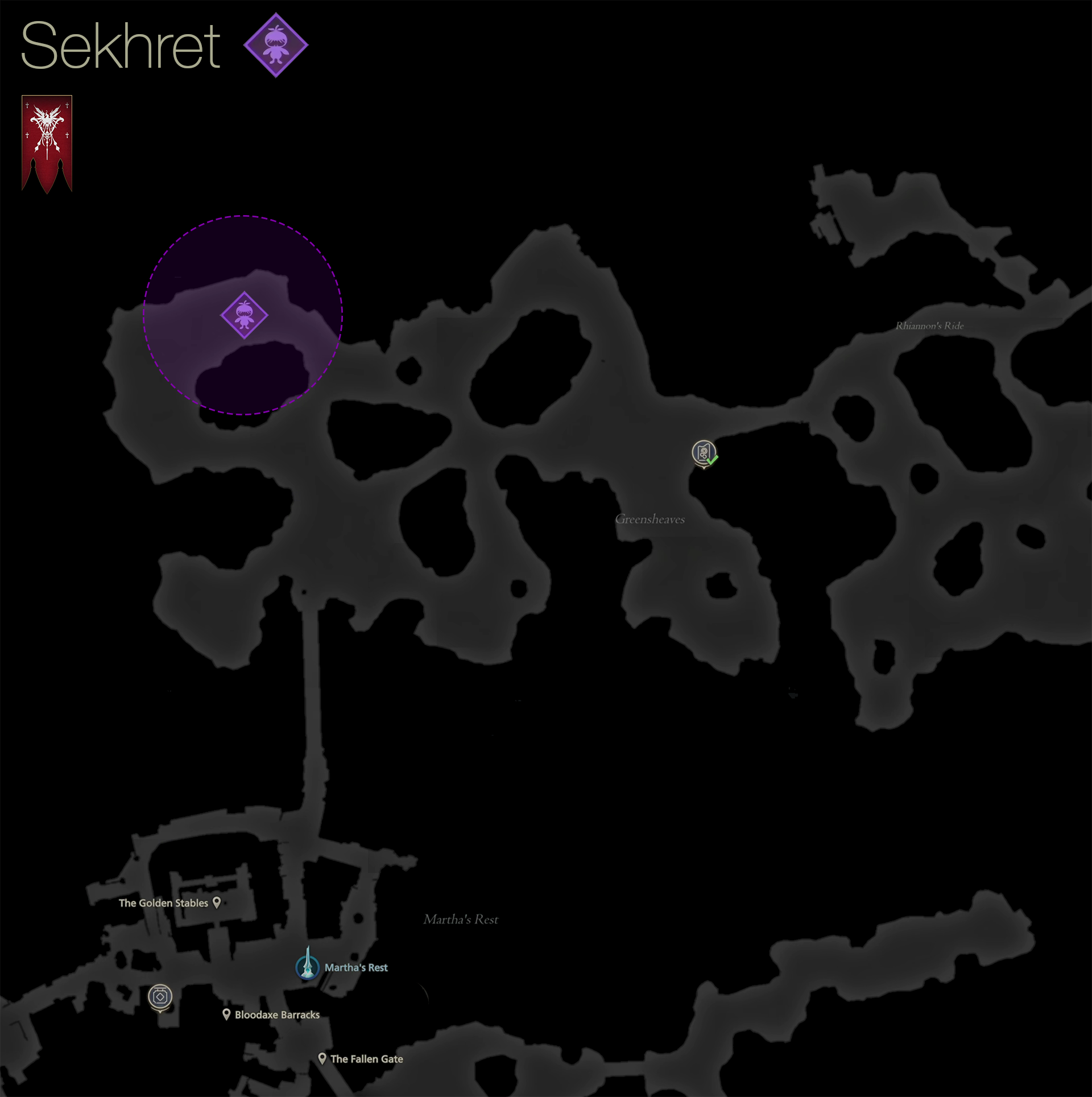 Map showing the location of the Notorious Mark, Sekhret, in the Greensheaves area of Rosaria