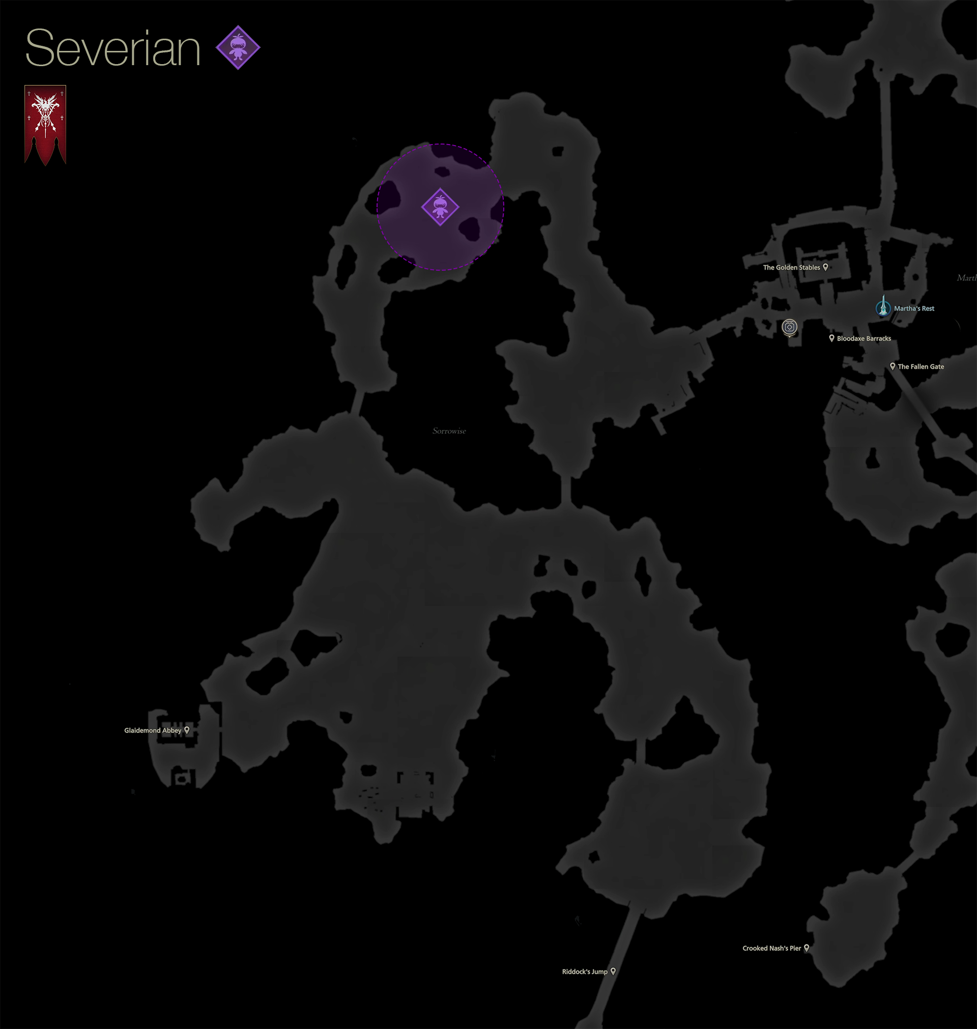 Map showing the location of the Notorious Mark, Severian, in the Sorrowise area of Rosaria