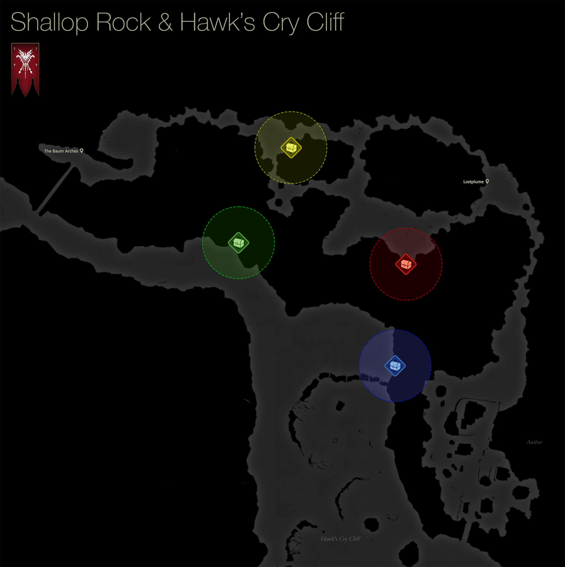 Map showing the location of the treasure coffers in the Shallop Rock and Hawk’s Cry Cliff areas of Rosaria