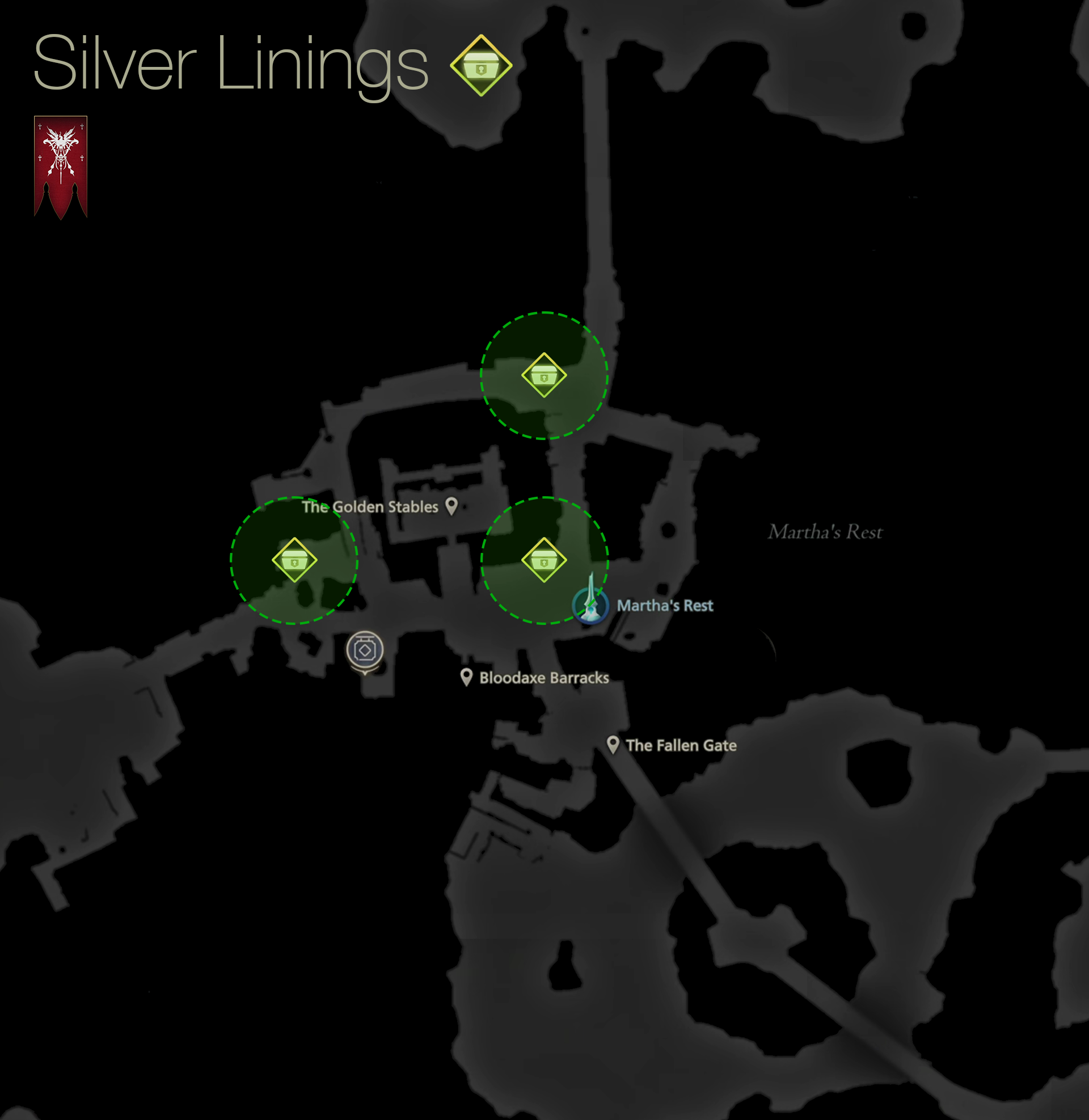 Map showing the location of the merchants you need to speak to as quest objectives for the Silver Linings quest