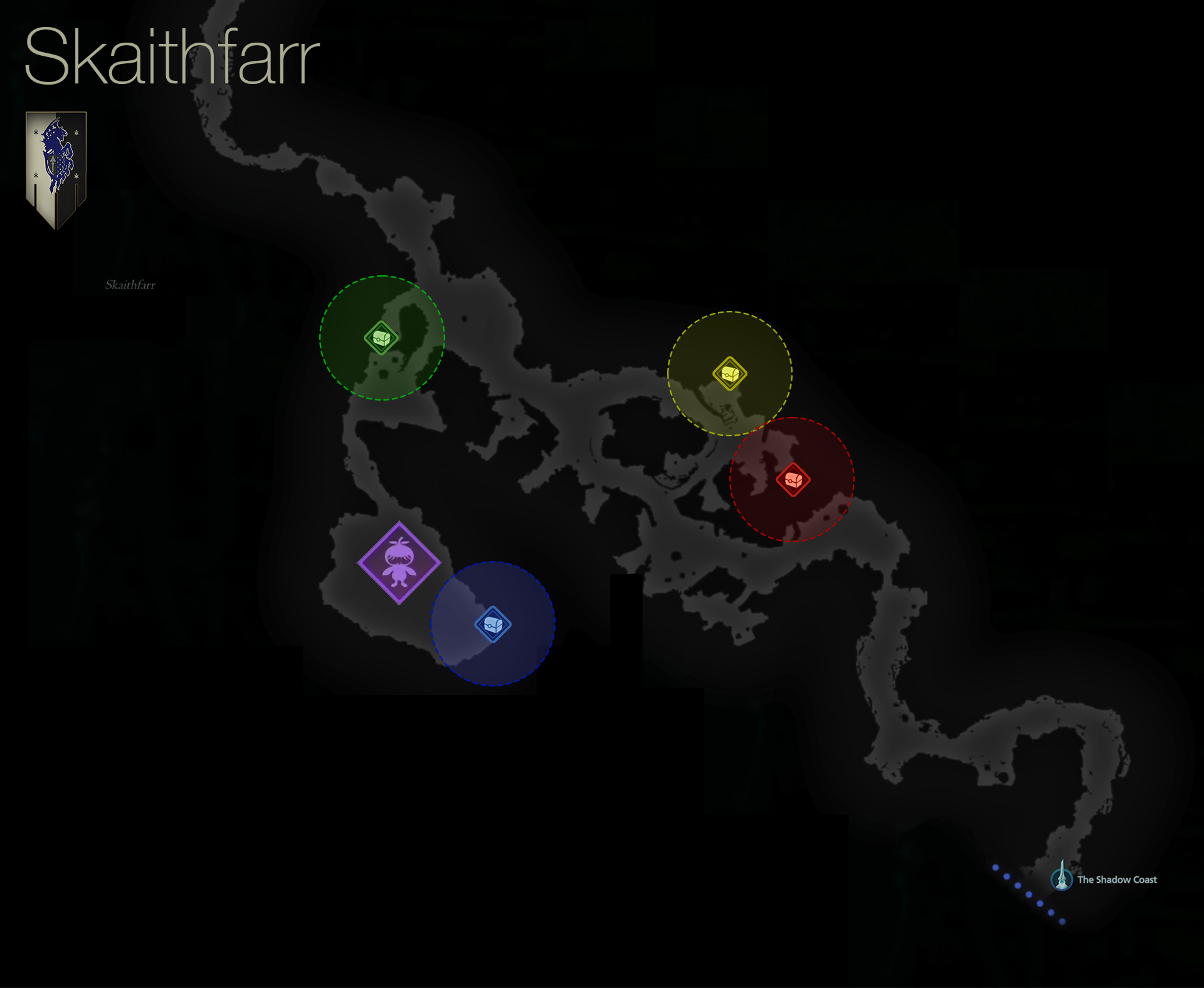 Map showing the location of the treasure coffers in the Skaithfarr area of Waloed
