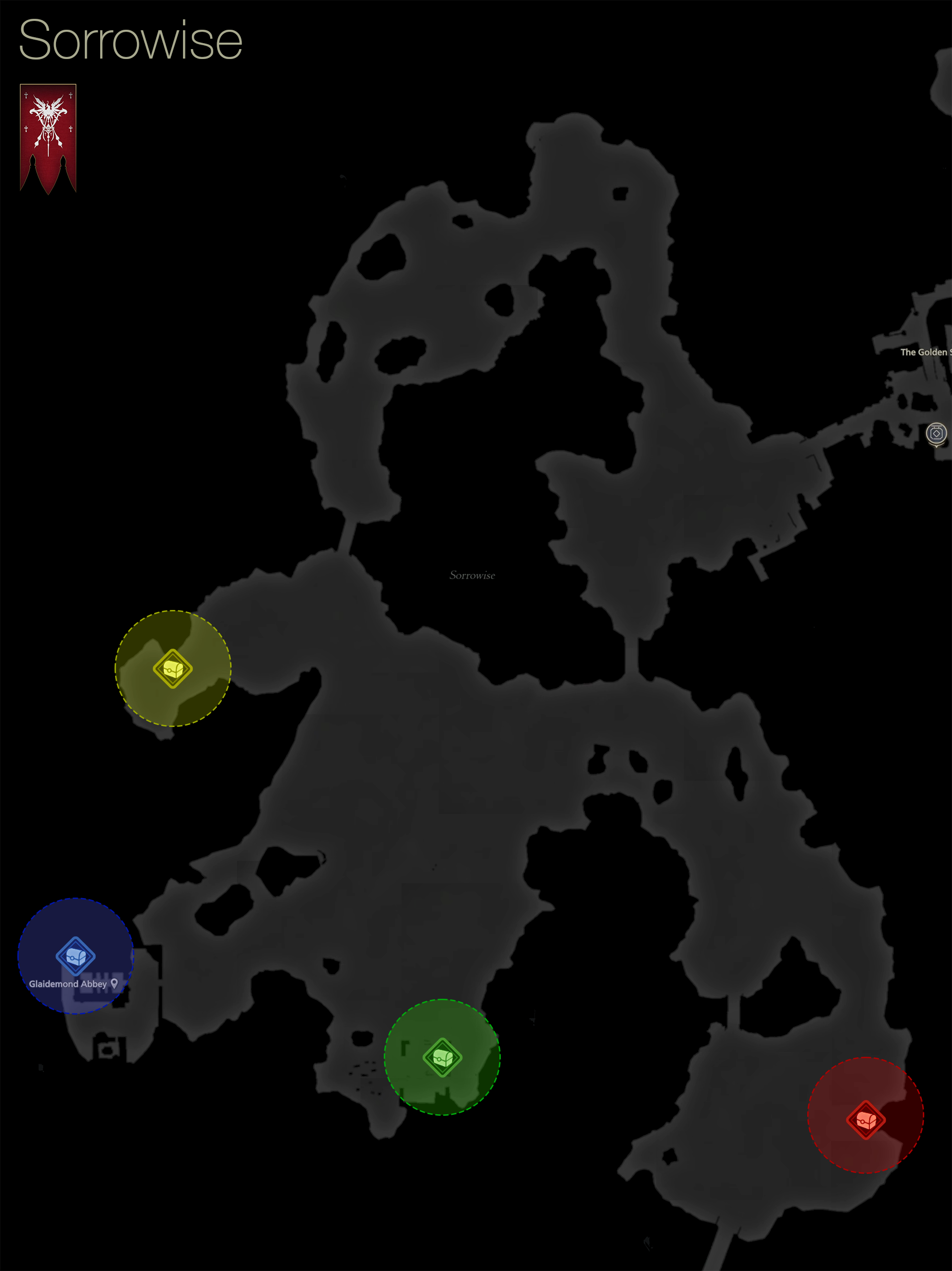Map showing the location of the treasure coffers in Sorrowise in Rosaria