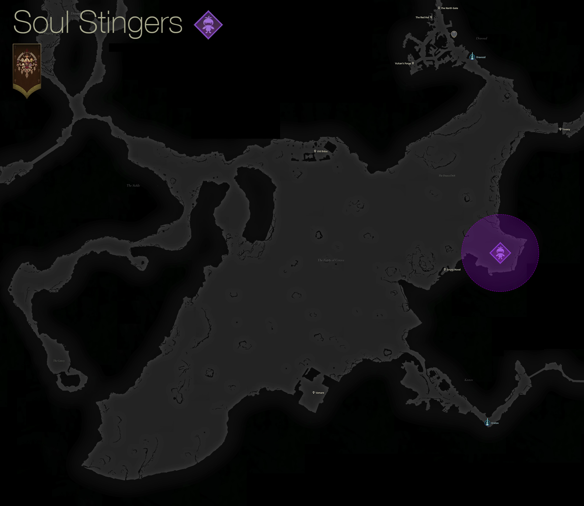 Map showing the location of the Notorious Mark, the Soul Stingers, in the Fields of Corava area of Dhalmekia