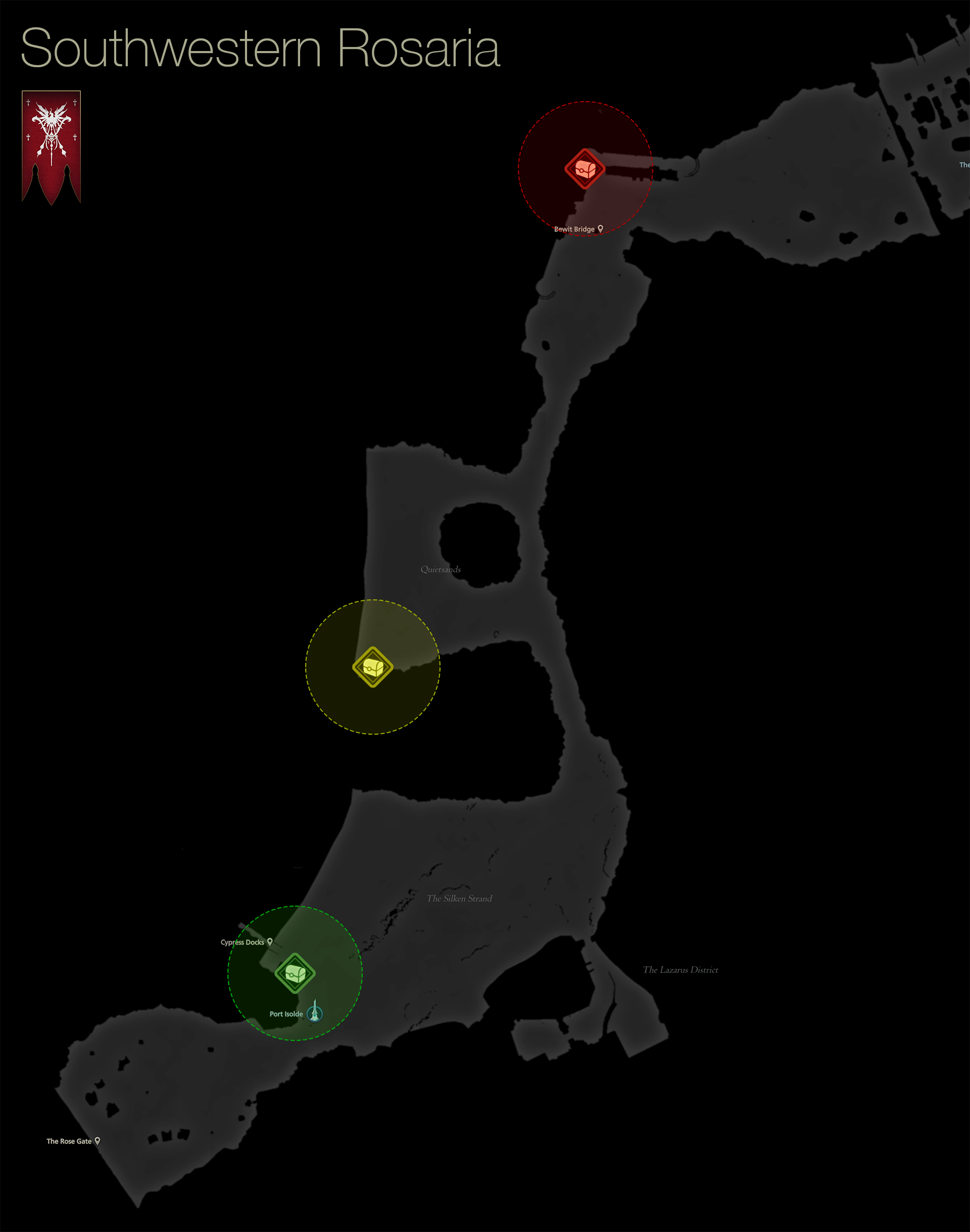 Map showing the location of the treasure coffers in southwestern Rosaria