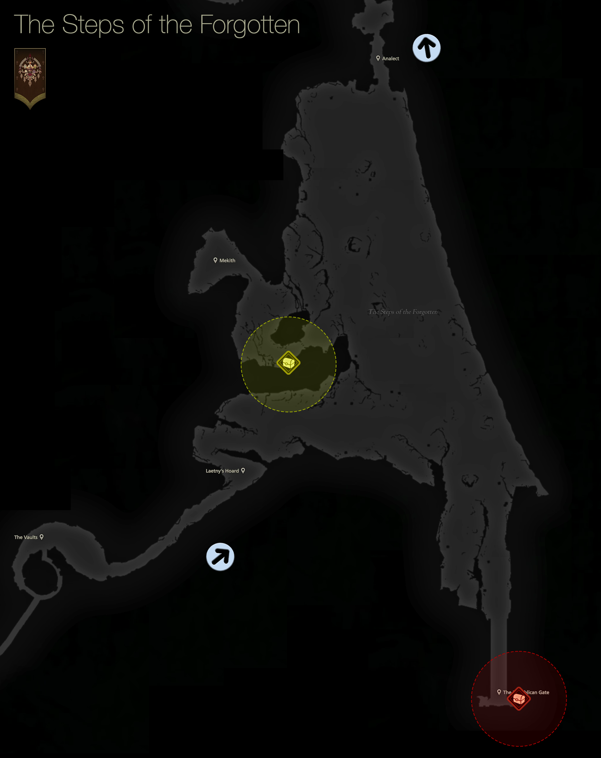 Map showing the location of the treasure coffers in the Steps of the Forgotten area of Dhalmekia