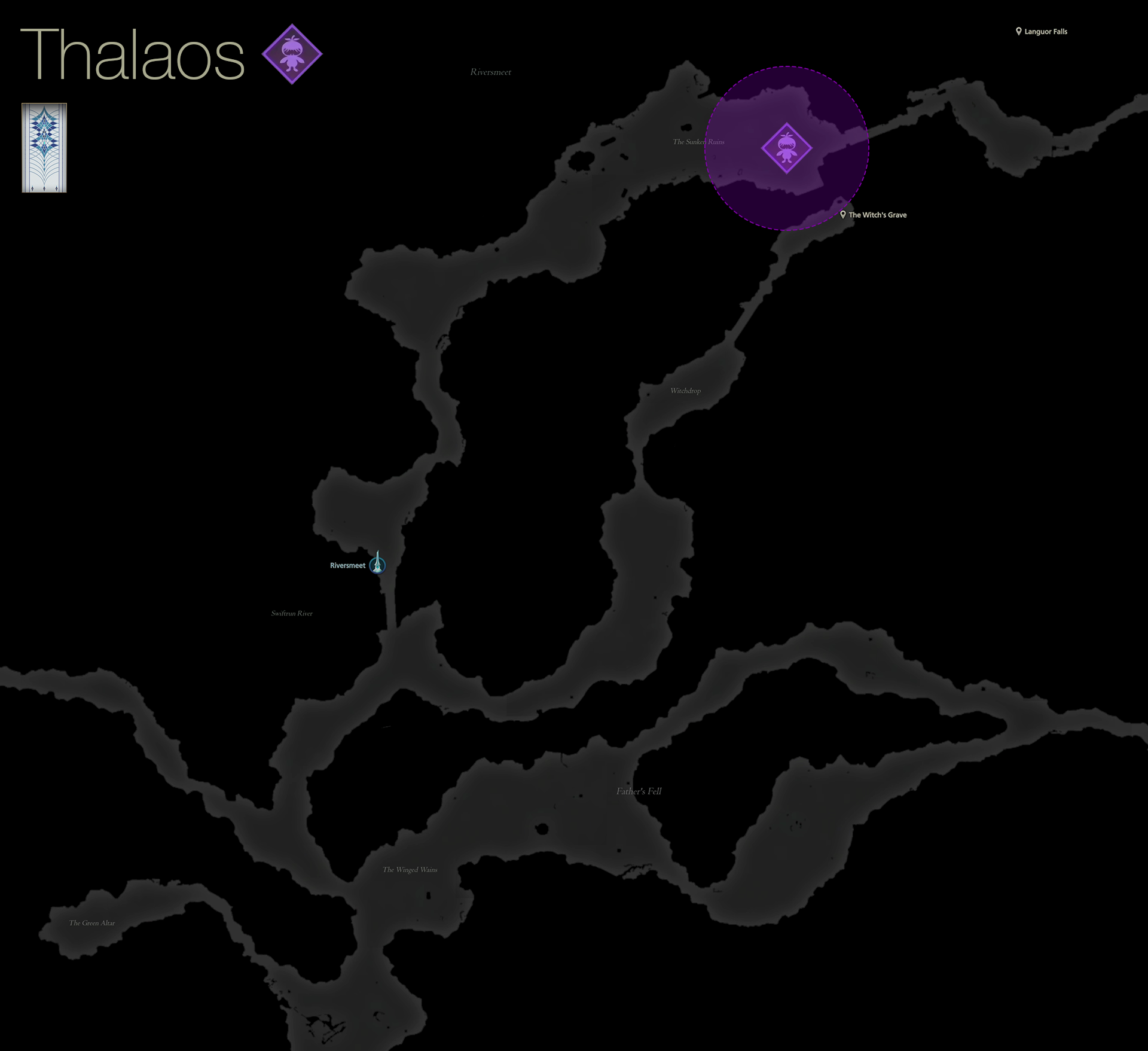 Map showing the location of the Notorious Mark, Thalaos, in the Languor Falls area of Mysidia