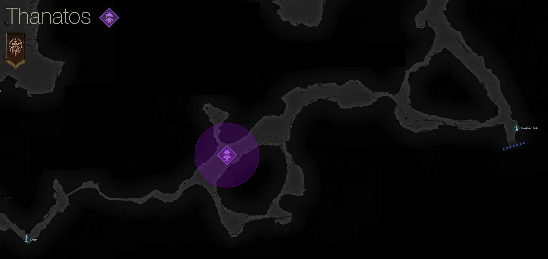 Map showing the location of the Notorious Mark, Thanatos, in the Titan’s Wake area of Dhalmekia