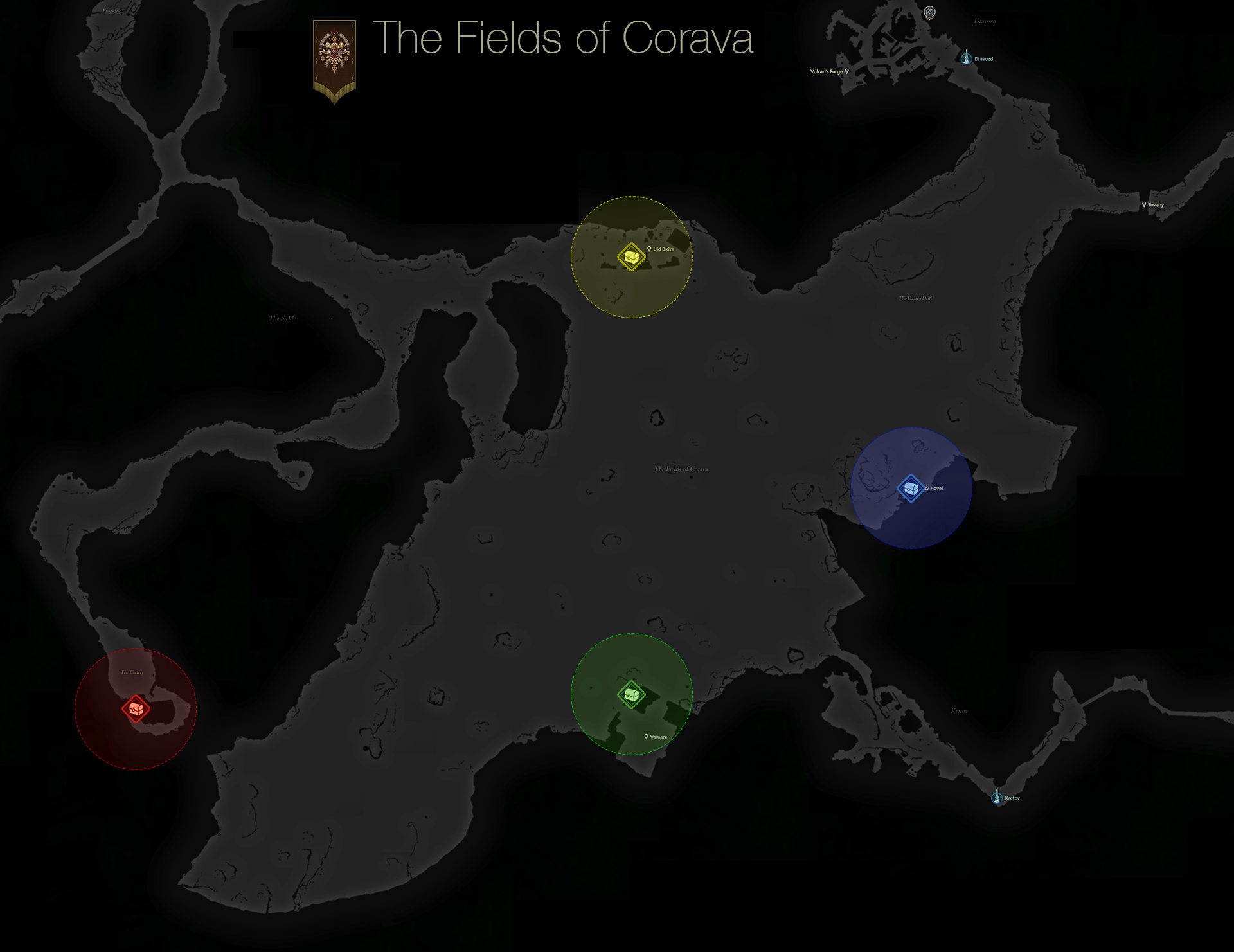 Map showing the location of the treasure coffers in the Fields of Corava area of Dhalmekia