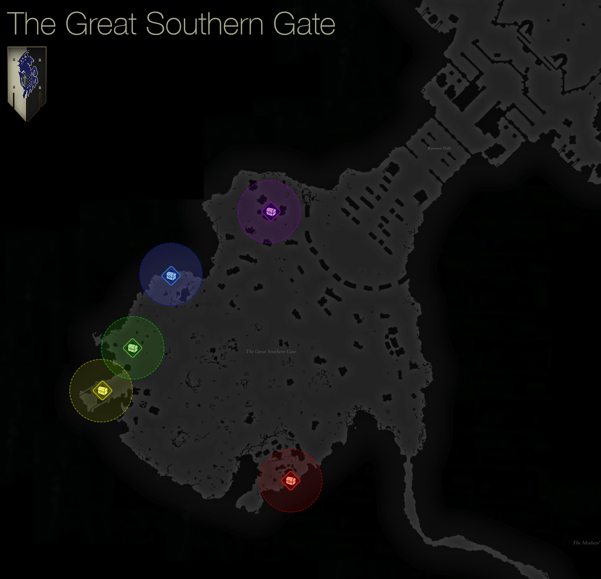 Map showing the location of the treasure coffers in the Great Southern Gate area of Waloed