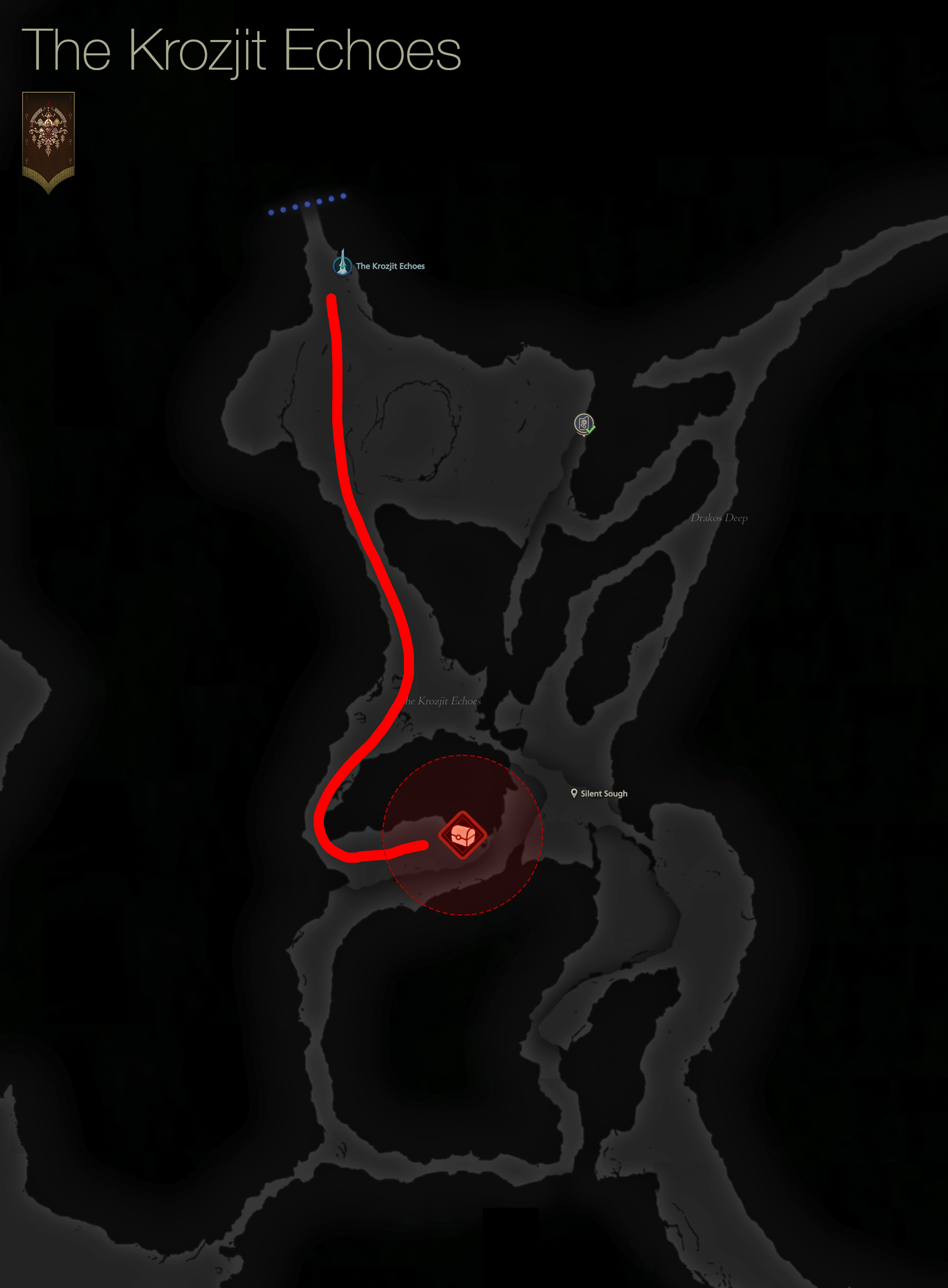 Map showing the location of the treasure coffers in the Krozjit Echoes area of the Dhalmekia