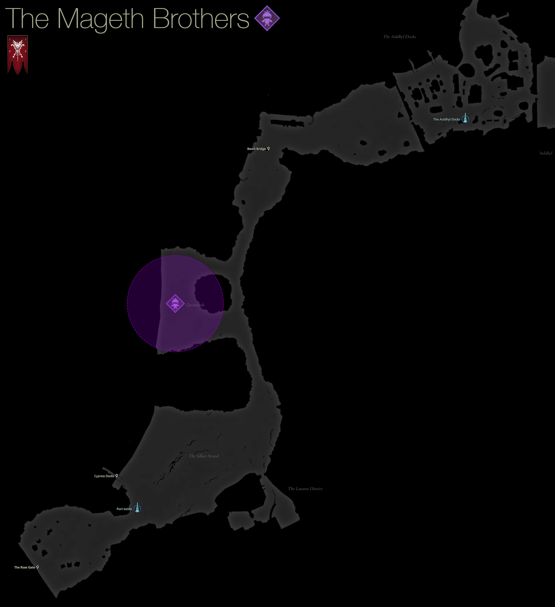 Map showing the location of the Notorious Mark, the Mageth Brothers, in the Quietsands area of Rosaria