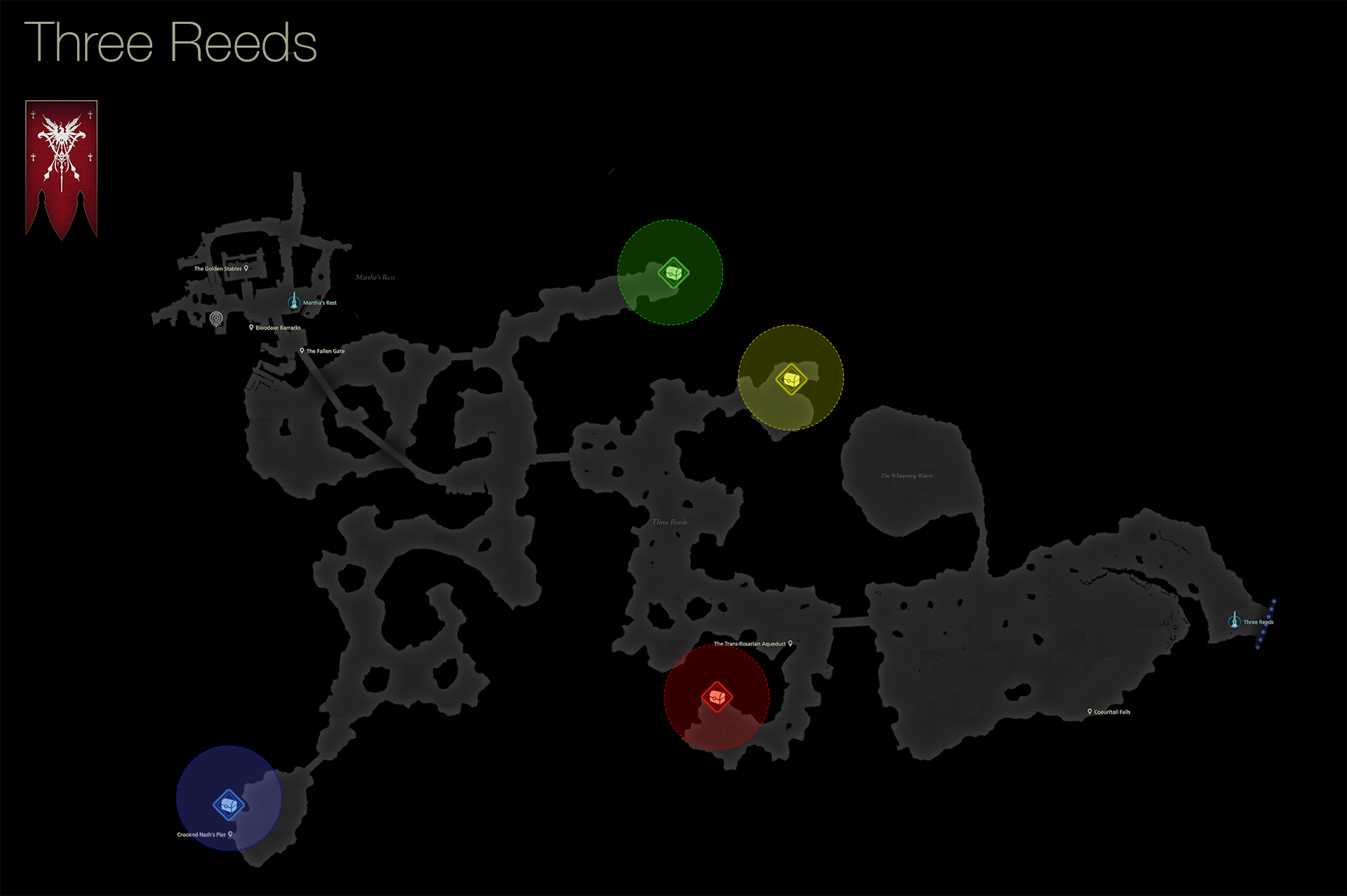 Map showing the location of the treasure coffers in the Three Reeds area of Rosaria