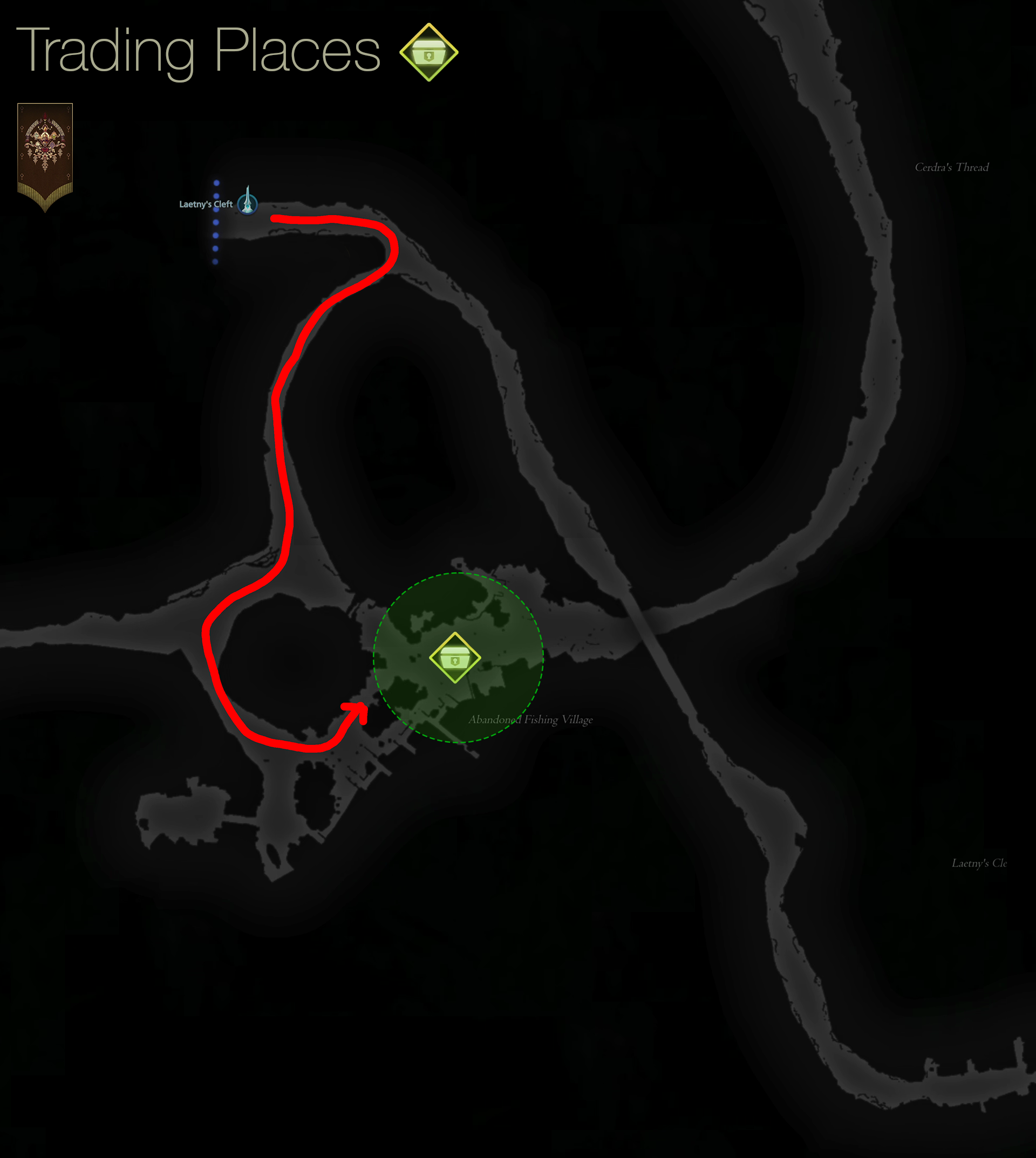 Map showing the location of the village which is the quest objective for Trial and Error