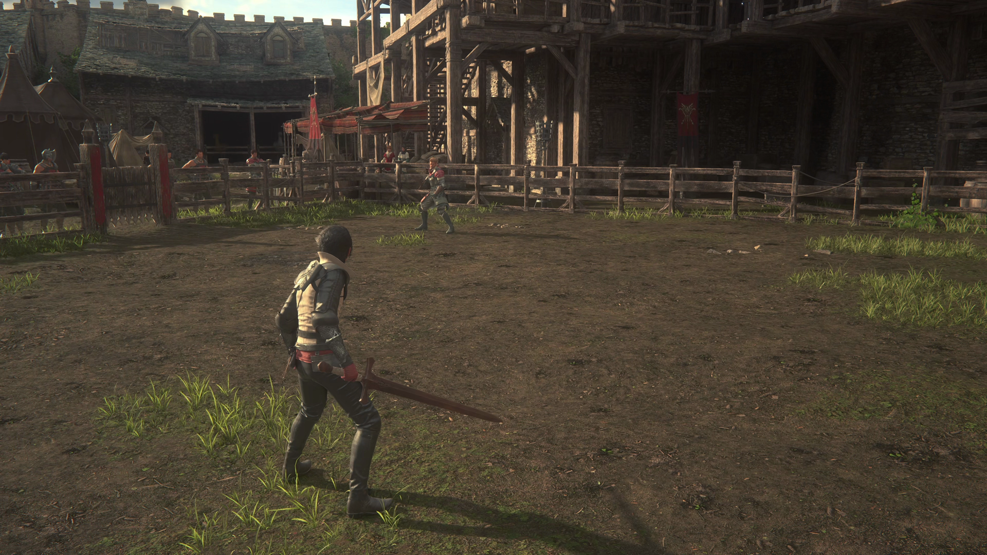 Clive battling against Lord Murdoch during the training sequence in the prologue at Rosalith Castle