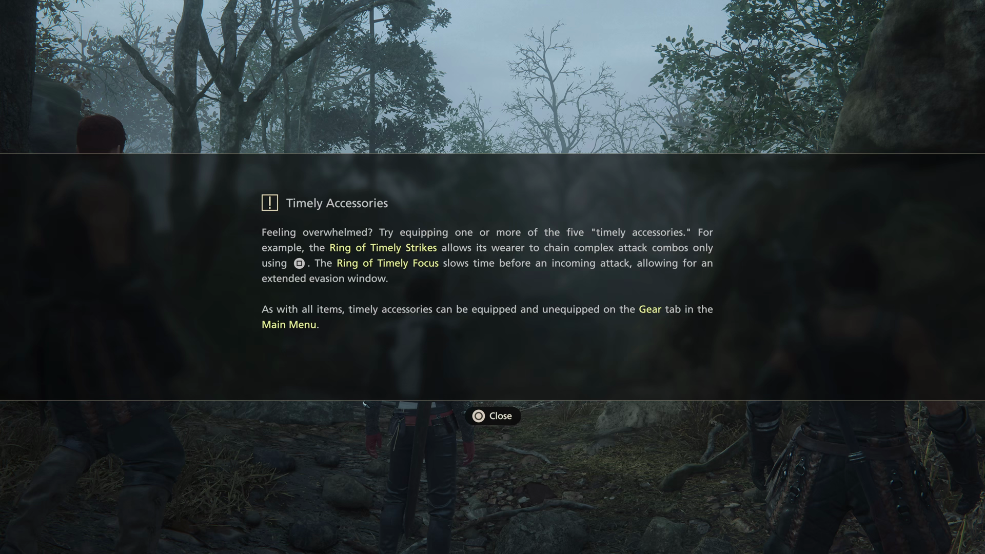 Tutorial message explaining how the Timely Accessories work